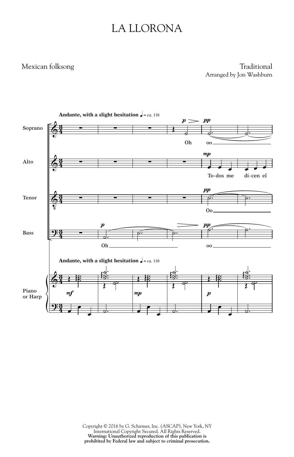 Mexican Folksong La Llorona (arr. Jon Washburn) Sheet Music Notes & Chords for SATB - Download or Print PDF