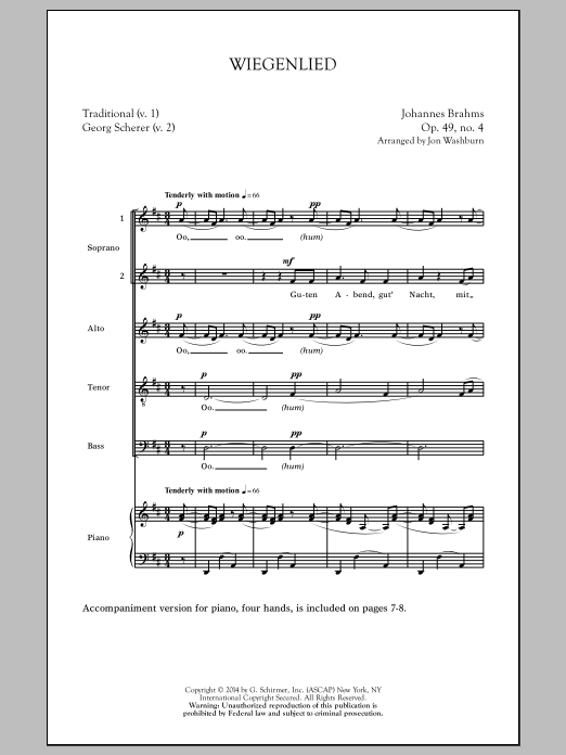 Johannes Brahms Wiegenlied (arr. Jon Washburn) Sheet Music Notes & Chords for Choral SSATB - Download or Print PDF