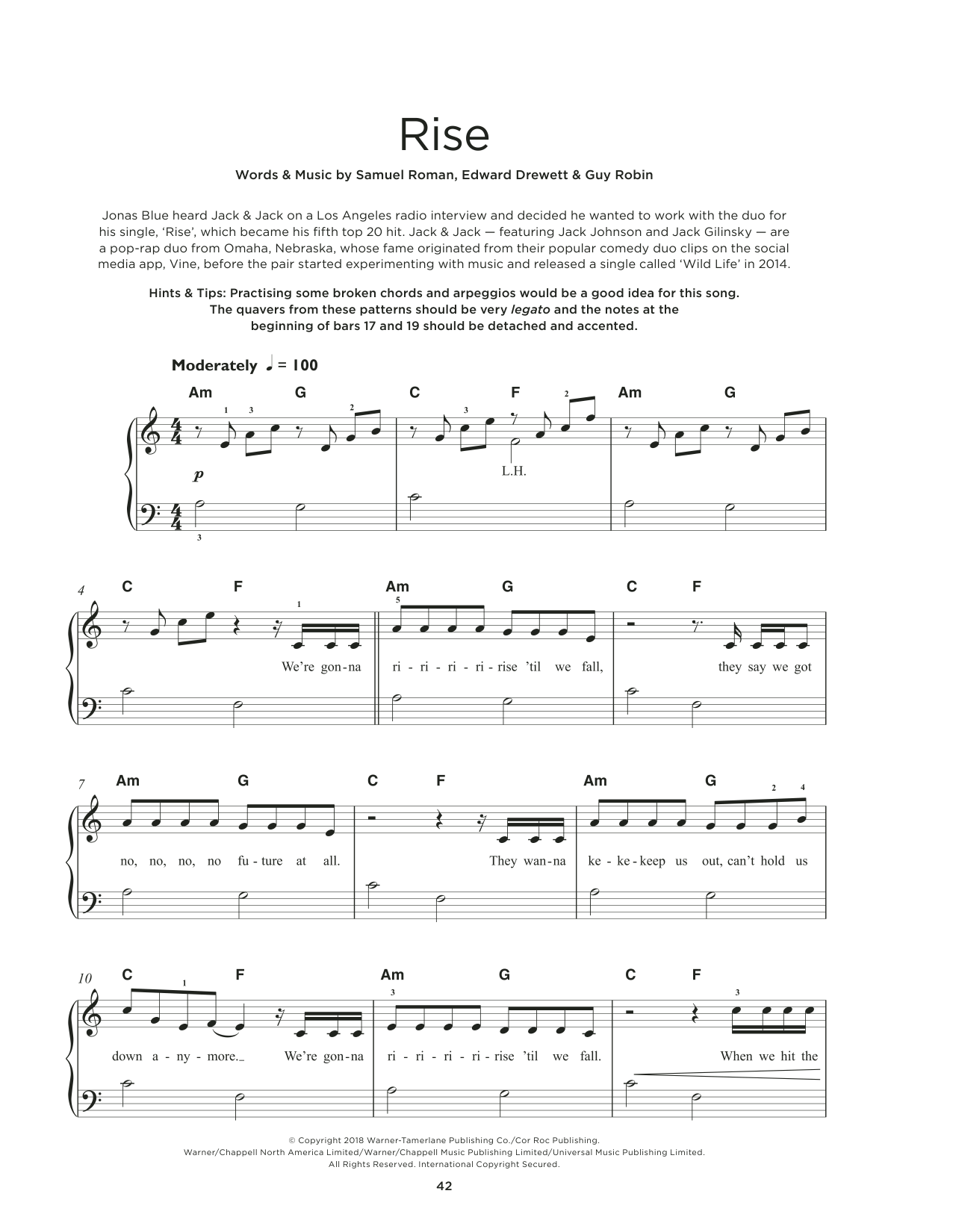 Jonas Blue feat. Jack & Jack Rise Sheet Music Notes & Chords for Really Easy Piano - Download or Print PDF