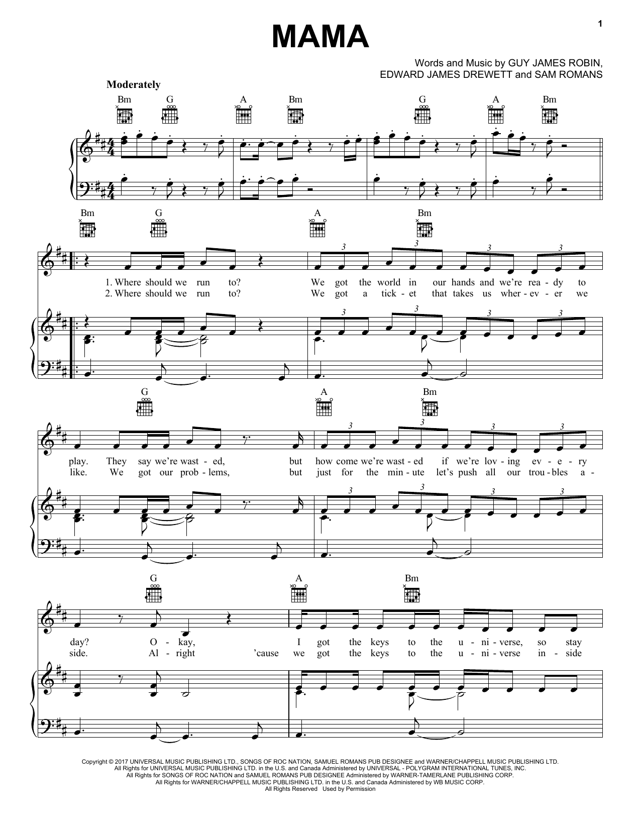 Jonas Blue (feat William Singe) Mama Sheet Music Notes & Chords for Piano, Vocal & Guitar (Right-Hand Melody) - Download or Print PDF