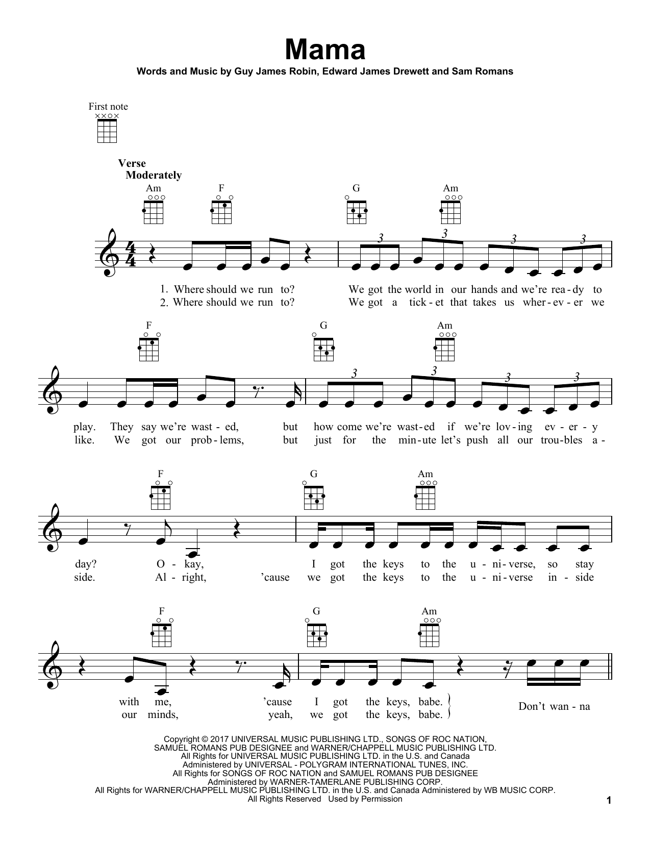 Jonas Blue Mama (feat. William Singe) Sheet Music Notes & Chords for Beginner Ukulele - Download or Print PDF