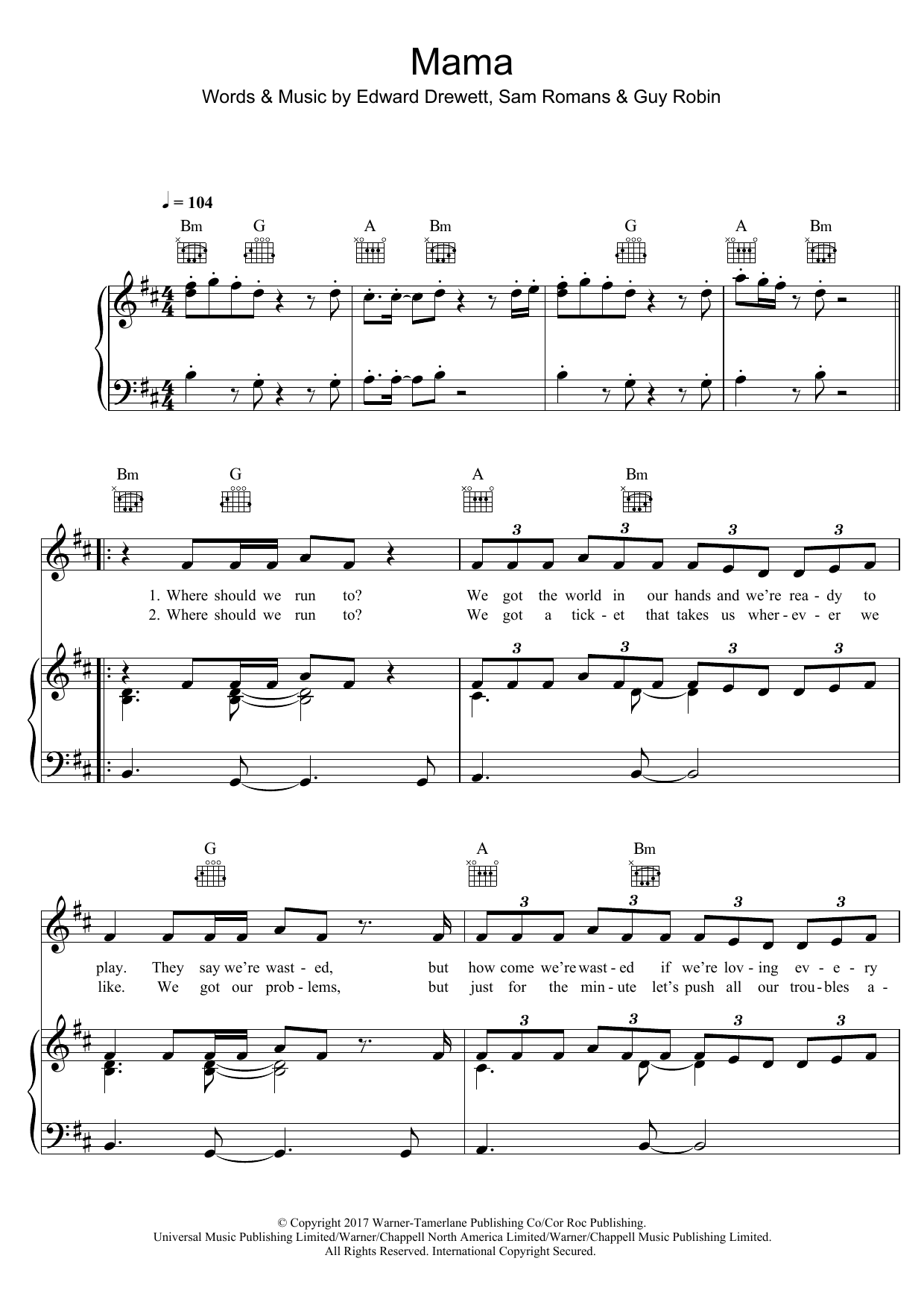 Jonas Blue Mama (feat. William Singe) Sheet Music Notes & Chords for Easy Piano - Download or Print PDF