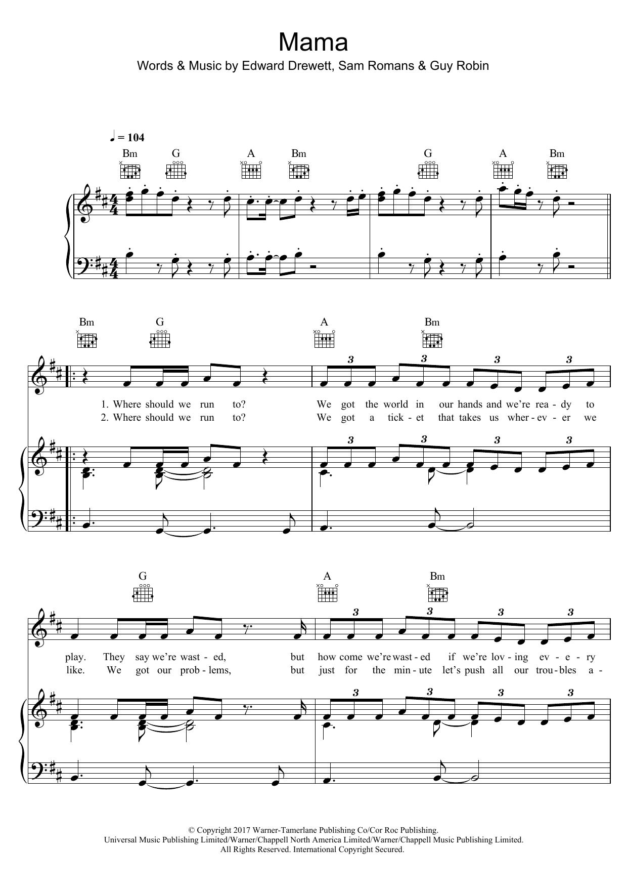 Jonas Blue Mama (featuring William Singe) Sheet Music Notes & Chords for Keyboard - Download or Print PDF