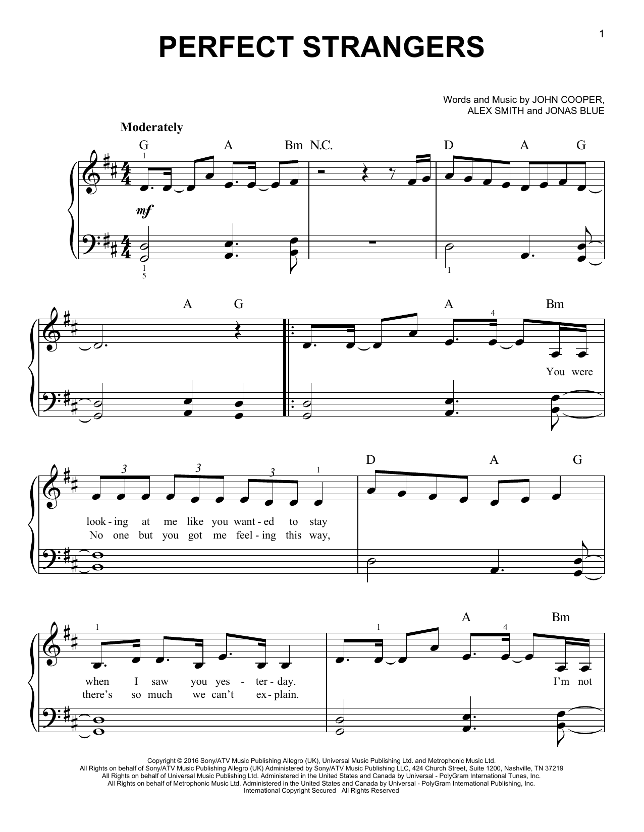Jonas Blue Perfect Strangers (feat. JP Cooper) Sheet Music Notes & Chords for Easy Piano - Download or Print PDF