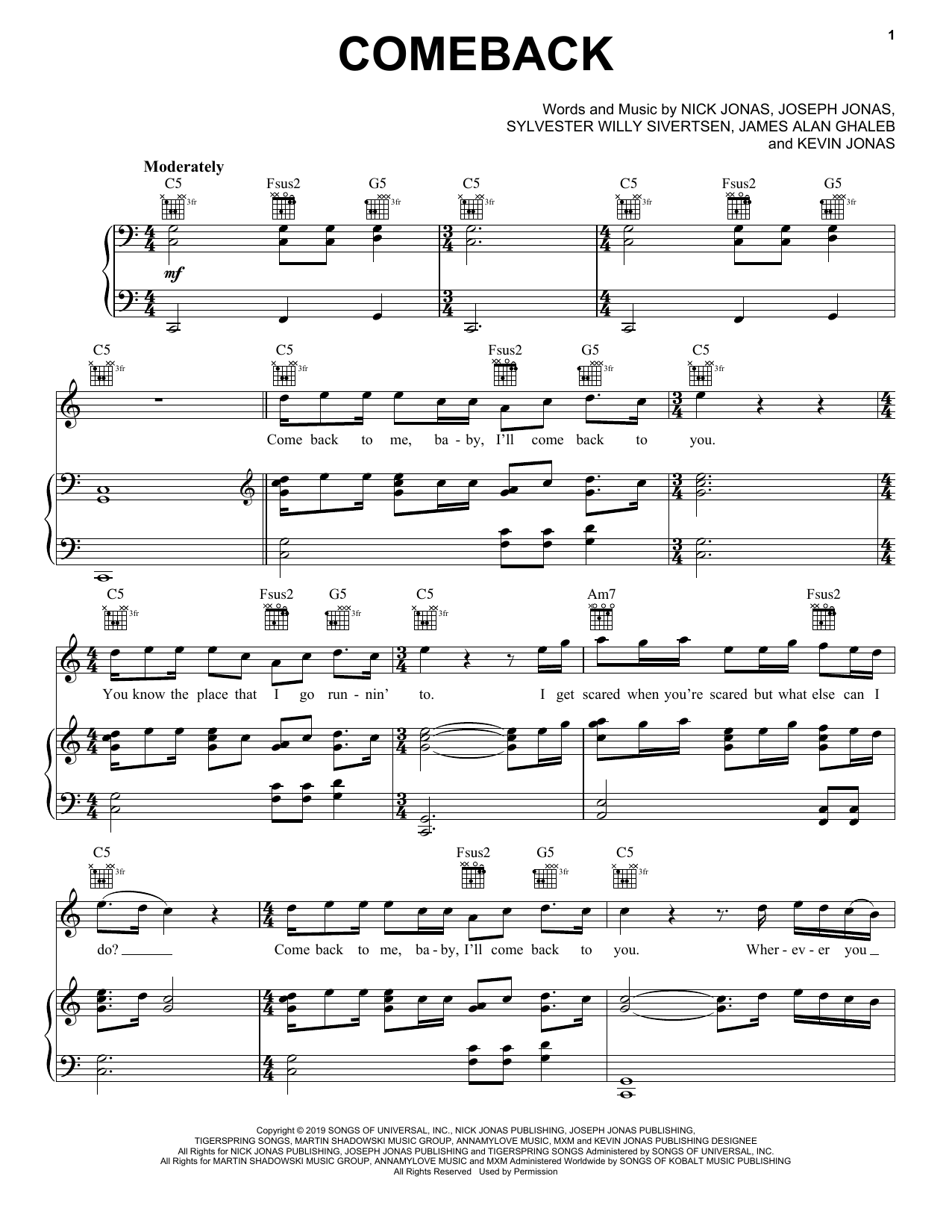 Jonas Brothers Comeback Sheet Music Notes & Chords for Piano, Vocal & Guitar (Right-Hand Melody) - Download or Print PDF Jonas Brothers Comeback Sheet Music Notes & Chords for Piano, Vocal & Guitar (Right-Hand Melody) - Download or Print PDF