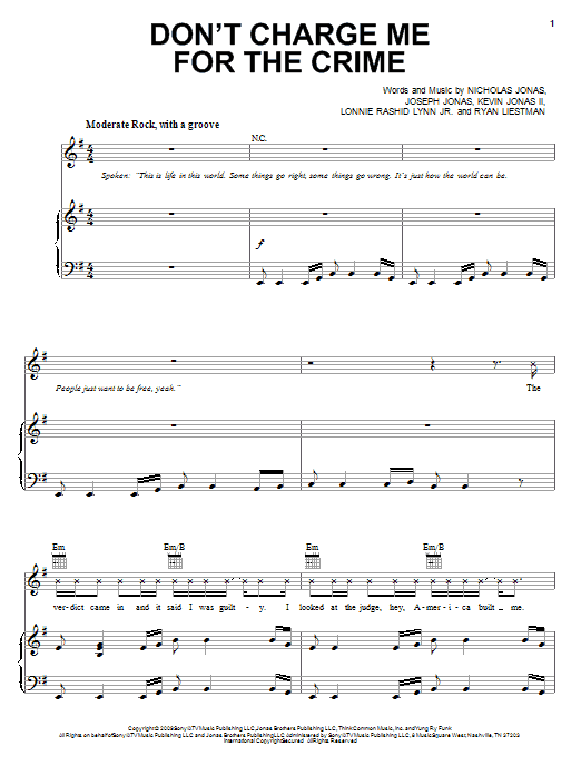 Jonas Brothers Don't Charge Me For The Crime Sheet Music Notes & Chords for Piano, Vocal & Guitar (Right-Hand Melody) - Download or Print PDF