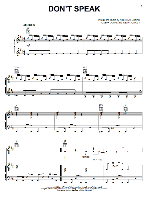 Jonas Brothers Don't Speak Sheet Music Notes & Chords for Piano, Vocal & Guitar (Right-Hand Melody) - Download or Print PDF