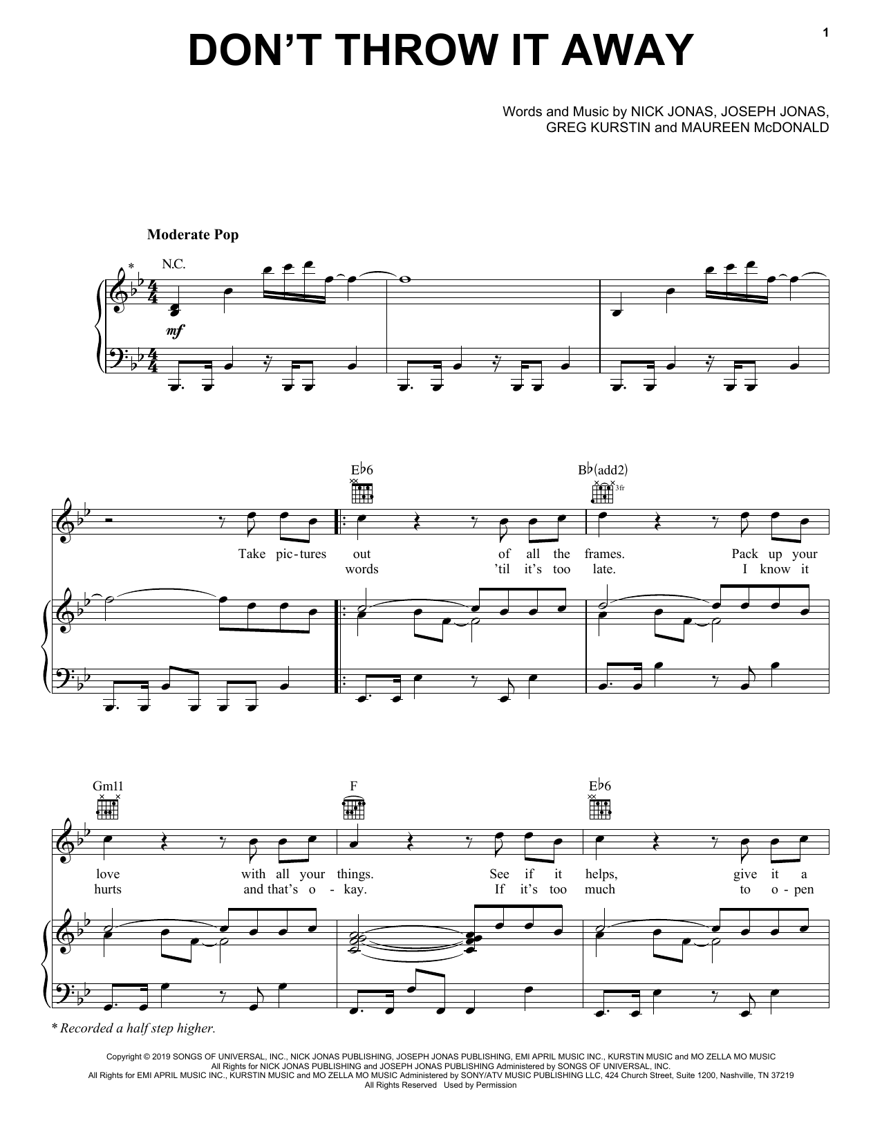 Jonas Brothers Don't Throw It Away Sheet Music Notes & Chords for Piano, Vocal & Guitar (Right-Hand Melody) - Download or Print PDF