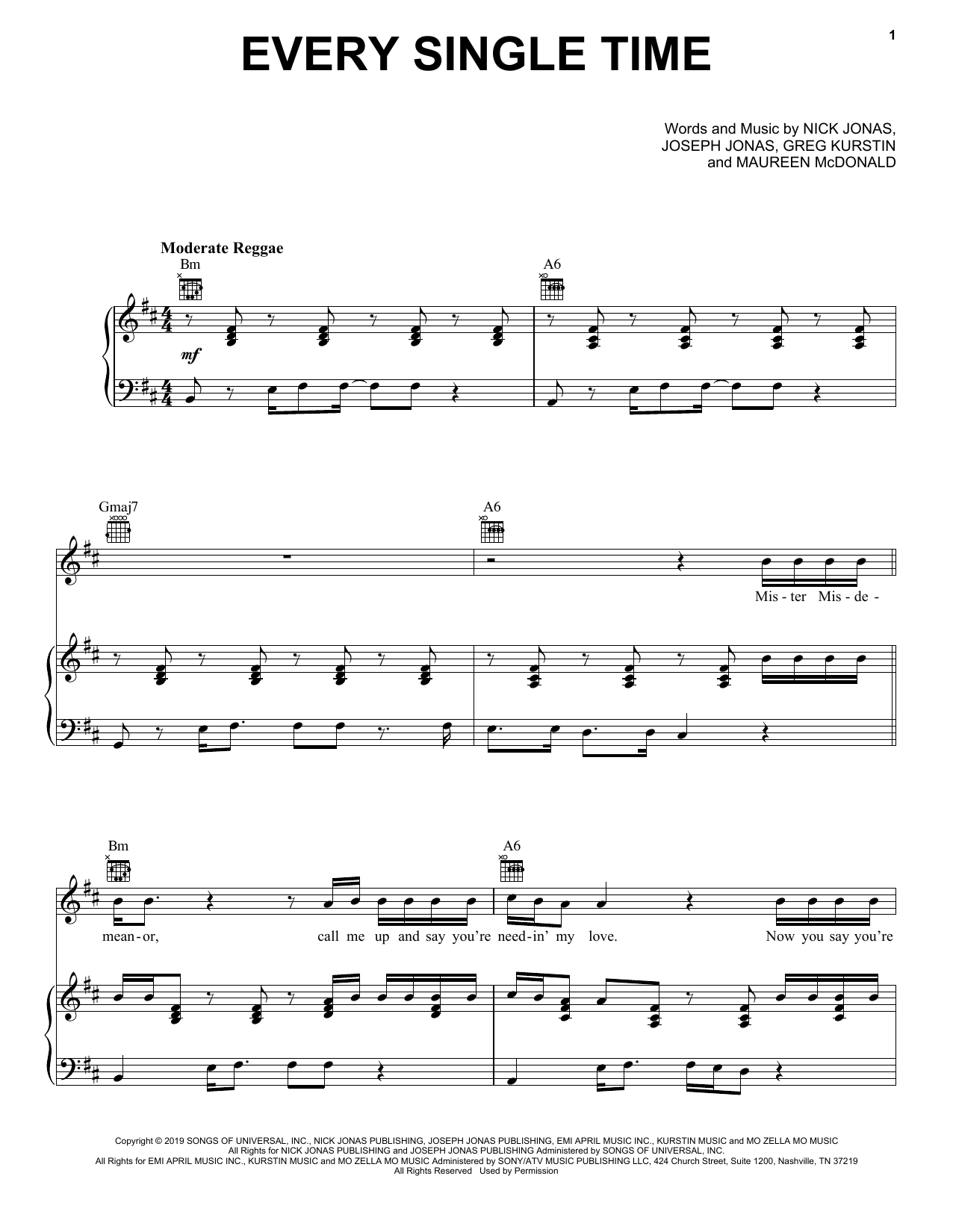 Jonas Brothers Every Single Time Sheet Music Notes & Chords for Piano, Vocal & Guitar (Right-Hand Melody) - Download or Print PDF