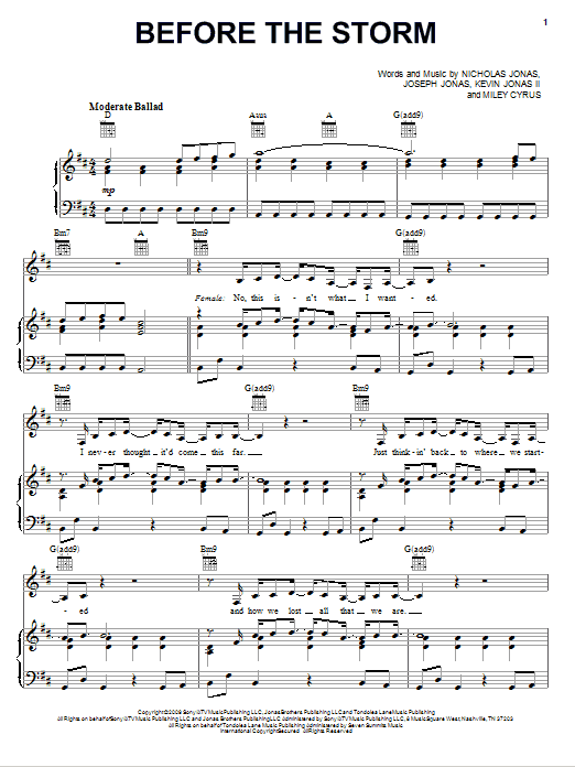Jonas Brothers featuring Miley Cyrus Before The Storm Sheet Music Notes & Chords for Piano, Vocal & Guitar (Right-Hand Melody) - Download or Print PDF