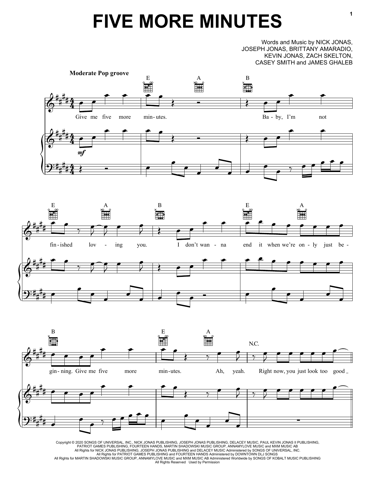 Jonas Brothers Five More Minutes Sheet Music Notes & Chords for Piano, Vocal & Guitar (Right-Hand Melody) - Download or Print PDF