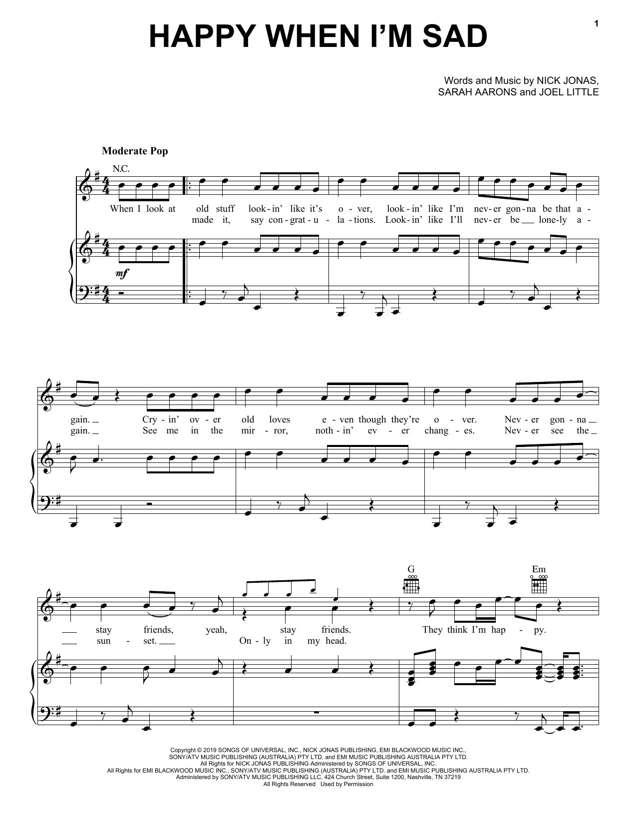 Jonas Brothers Happy When I'm Sad Sheet Music Notes & Chords for Piano, Vocal & Guitar (Right-Hand Melody) - Download or Print PDF