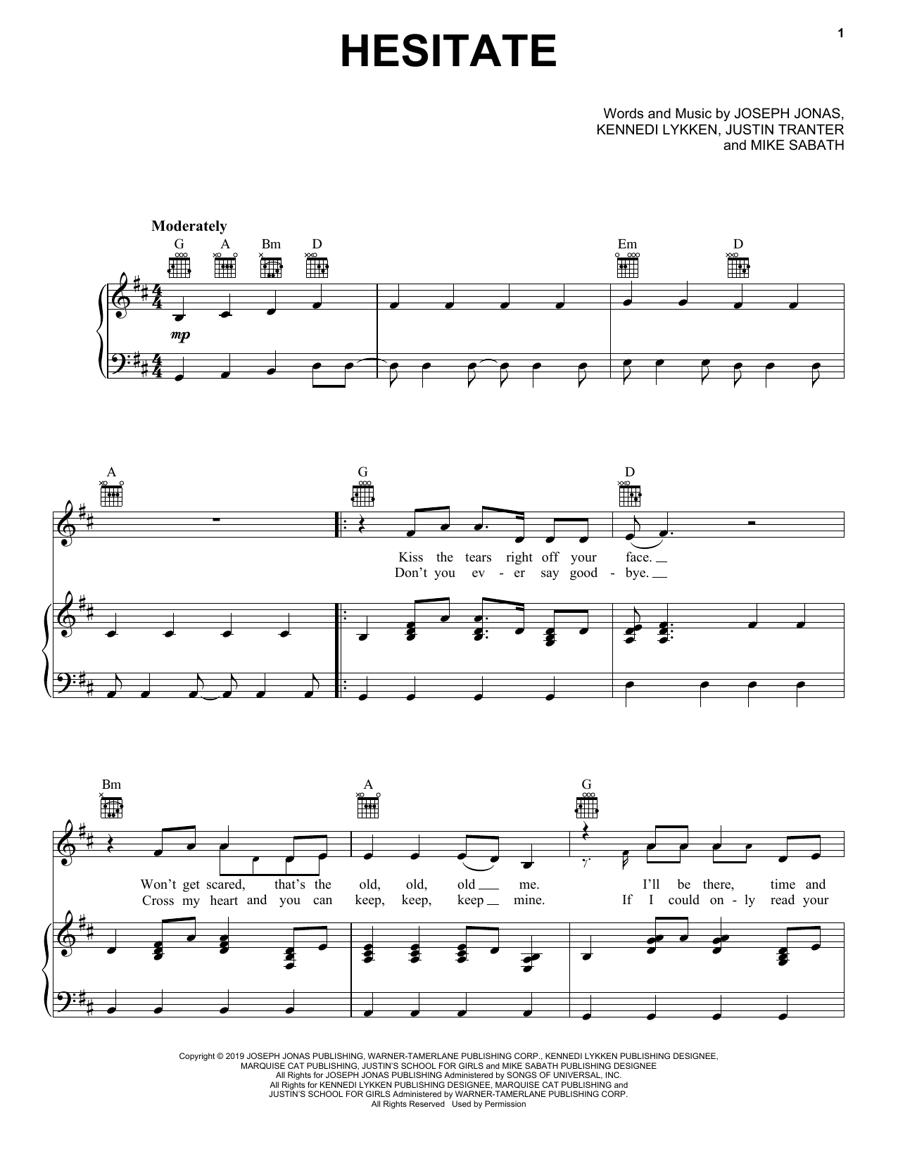Jonas Brothers Hesitate Sheet Music Notes & Chords for Piano, Vocal & Guitar (Right-Hand Melody) - Download or Print PDF