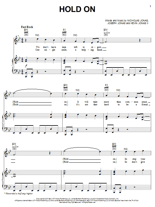 Jonas Brothers Hold On Sheet Music Notes & Chords for Easy Guitar Tab - Download or Print PDF