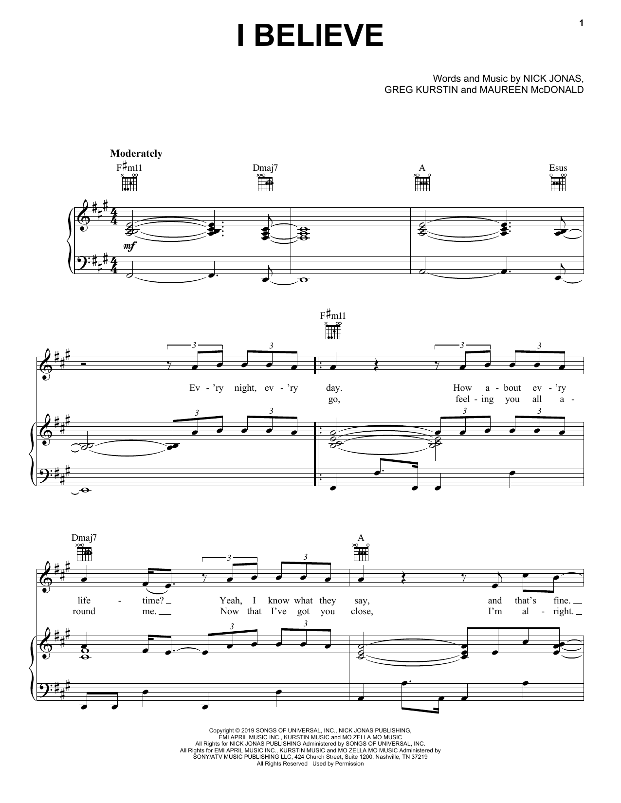 Jonas Brothers I Believe Sheet Music Notes & Chords for Piano, Vocal & Guitar (Right-Hand Melody) - Download or Print PDF
