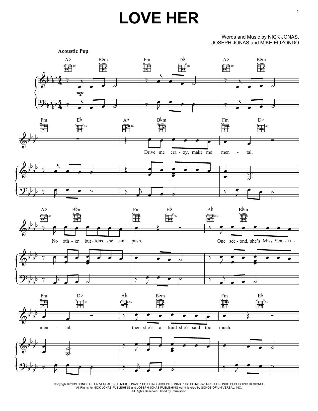Jonas Brothers Love Her Sheet Music Notes & Chords for Piano, Vocal & Guitar (Right-Hand Melody) - Download or Print PDF