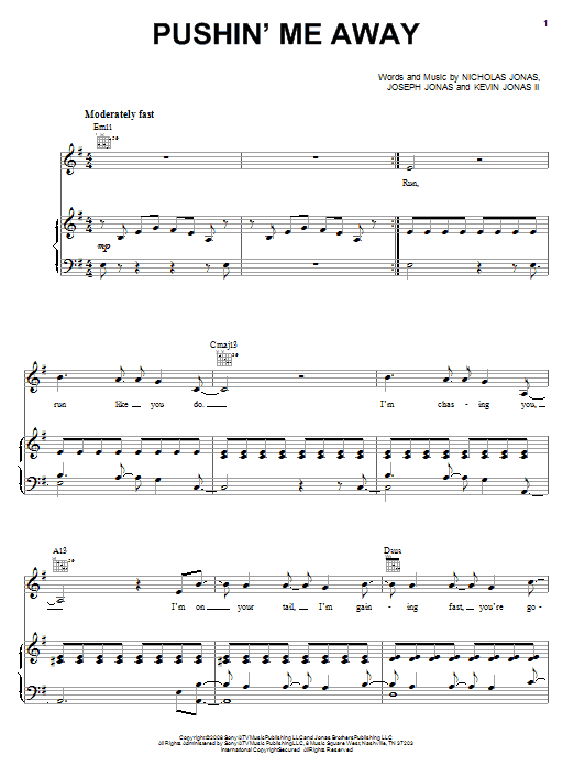 Jonas Brothers Pushin' Me Away Sheet Music Notes & Chords for Easy Piano - Download or Print PDF
