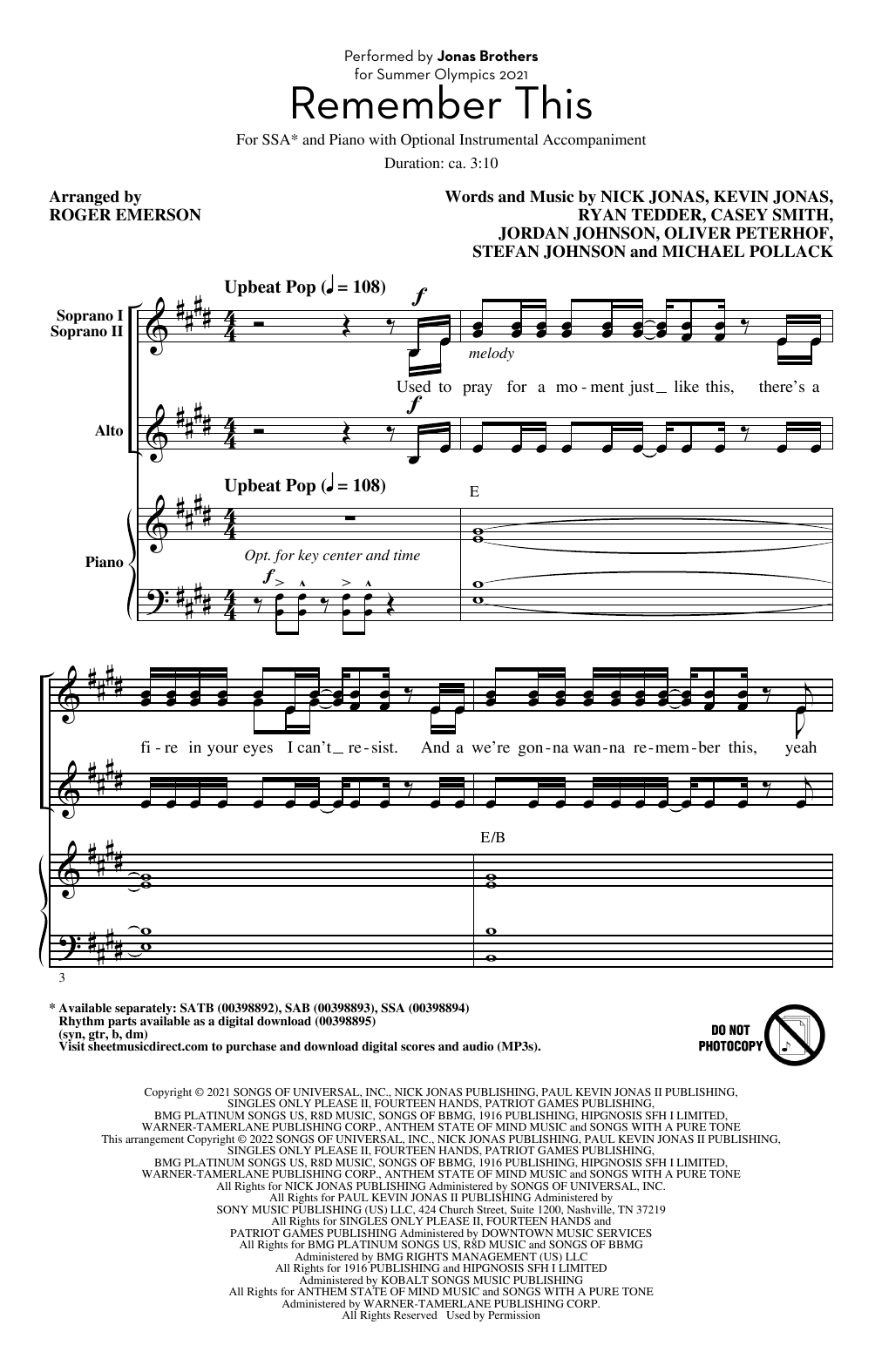 Jonas Brothers Remember This (arr. Roger Emerson) Sheet Music Notes & Chords for SAB Choir - Download or Print PDF