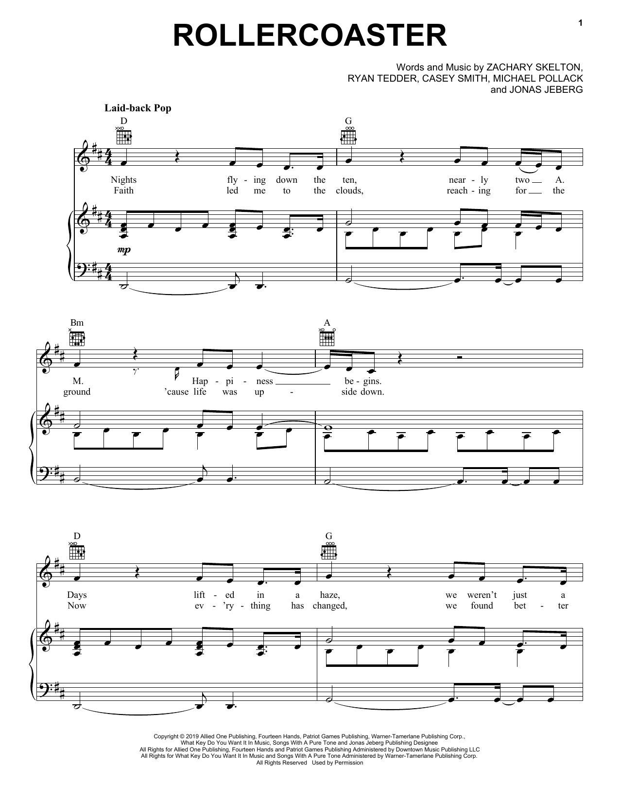 Jonas Brothers Rollercoaster Sheet Music Notes & Chords for Piano, Vocal & Guitar (Right-Hand Melody) - Download or Print PDF
