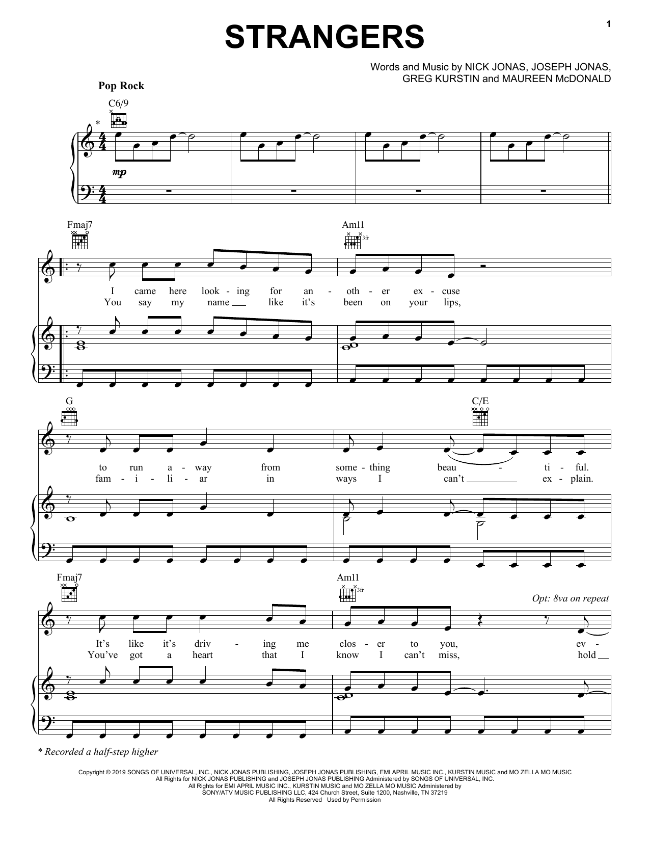 Jonas Brothers Strangers Sheet Music Notes & Chords for Piano, Vocal & Guitar (Right-Hand Melody) - Download or Print PDF