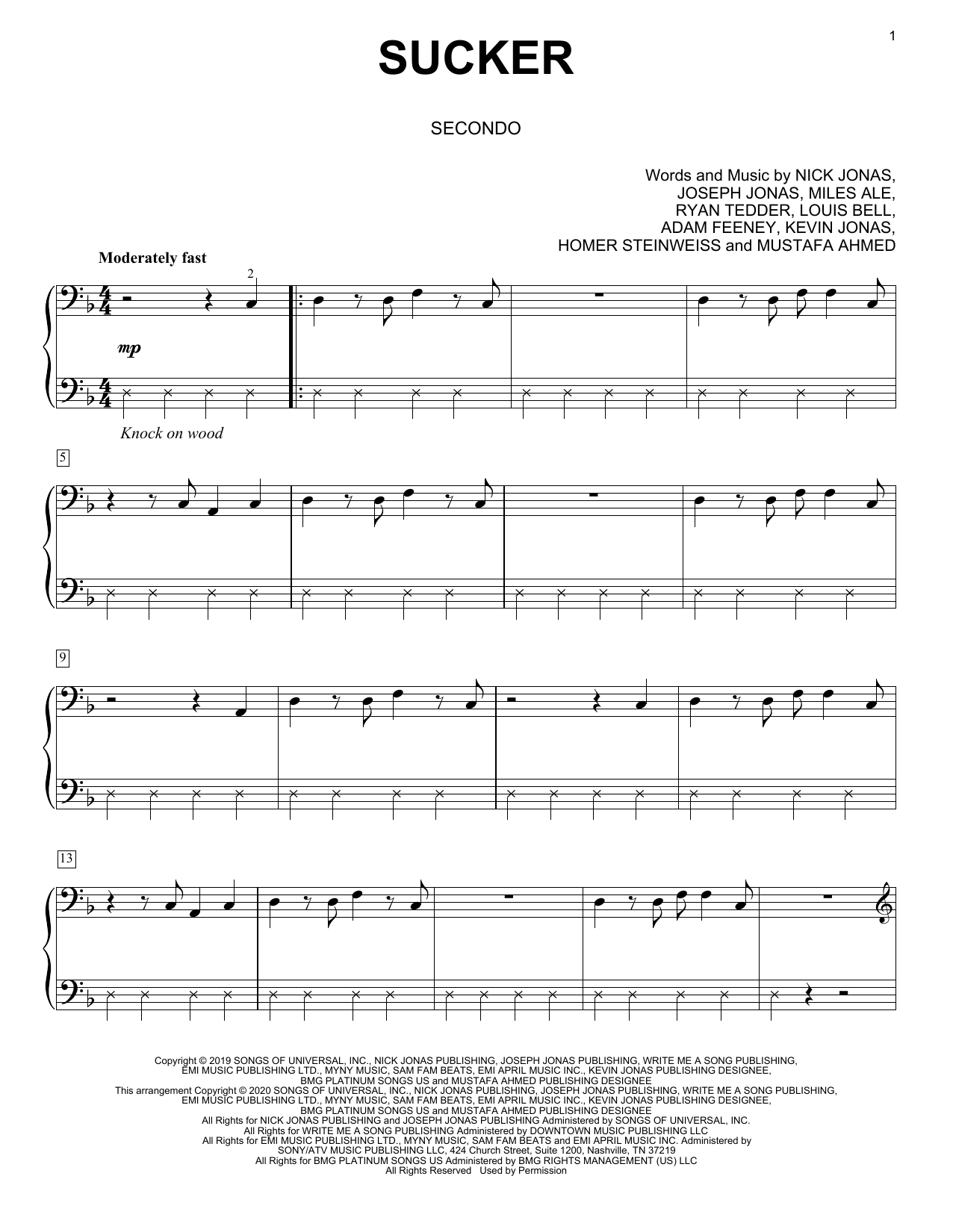 Jonas Brothers Sucker (arr. David Pearl) Sheet Music Notes & Chords for Piano Duet - Download or Print PDF
