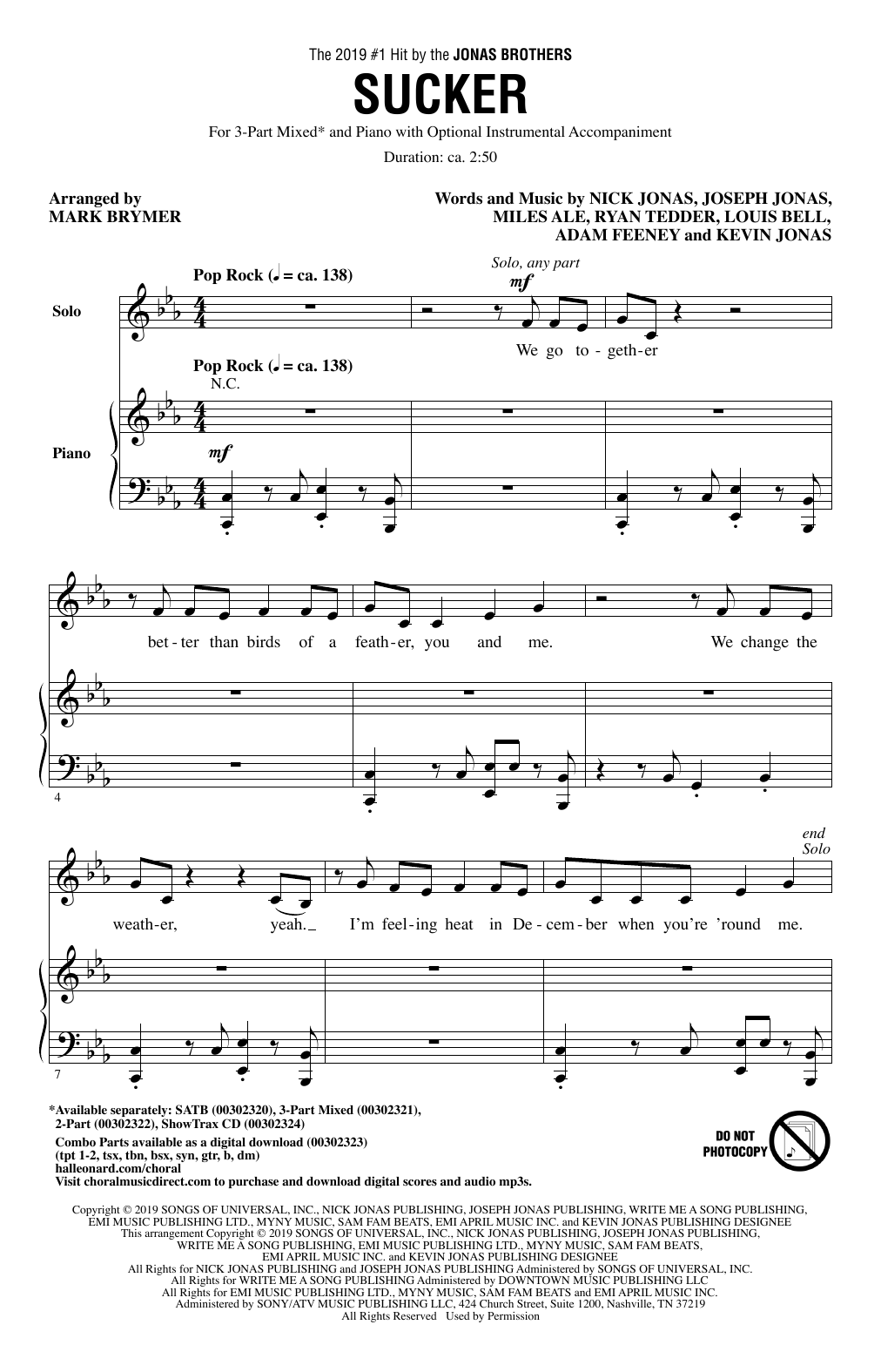 Jonas Brothers Sucker (arr. Mark Brymer) Sheet Music Notes & Chords for 3-Part Mixed Choir - Download or Print PDF