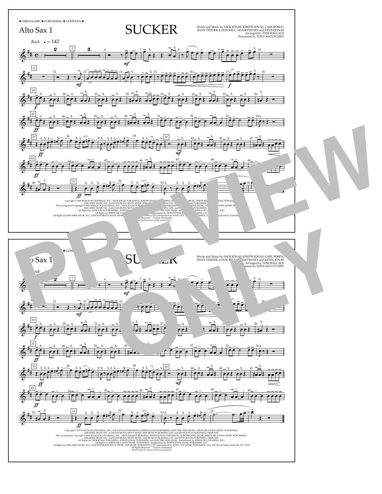 Jonas Brothers Sucker (arr. Tom Wallace) - Alto Sax 1 Sheet Music Notes & Chords for Marching Band - Download or Print PDF
