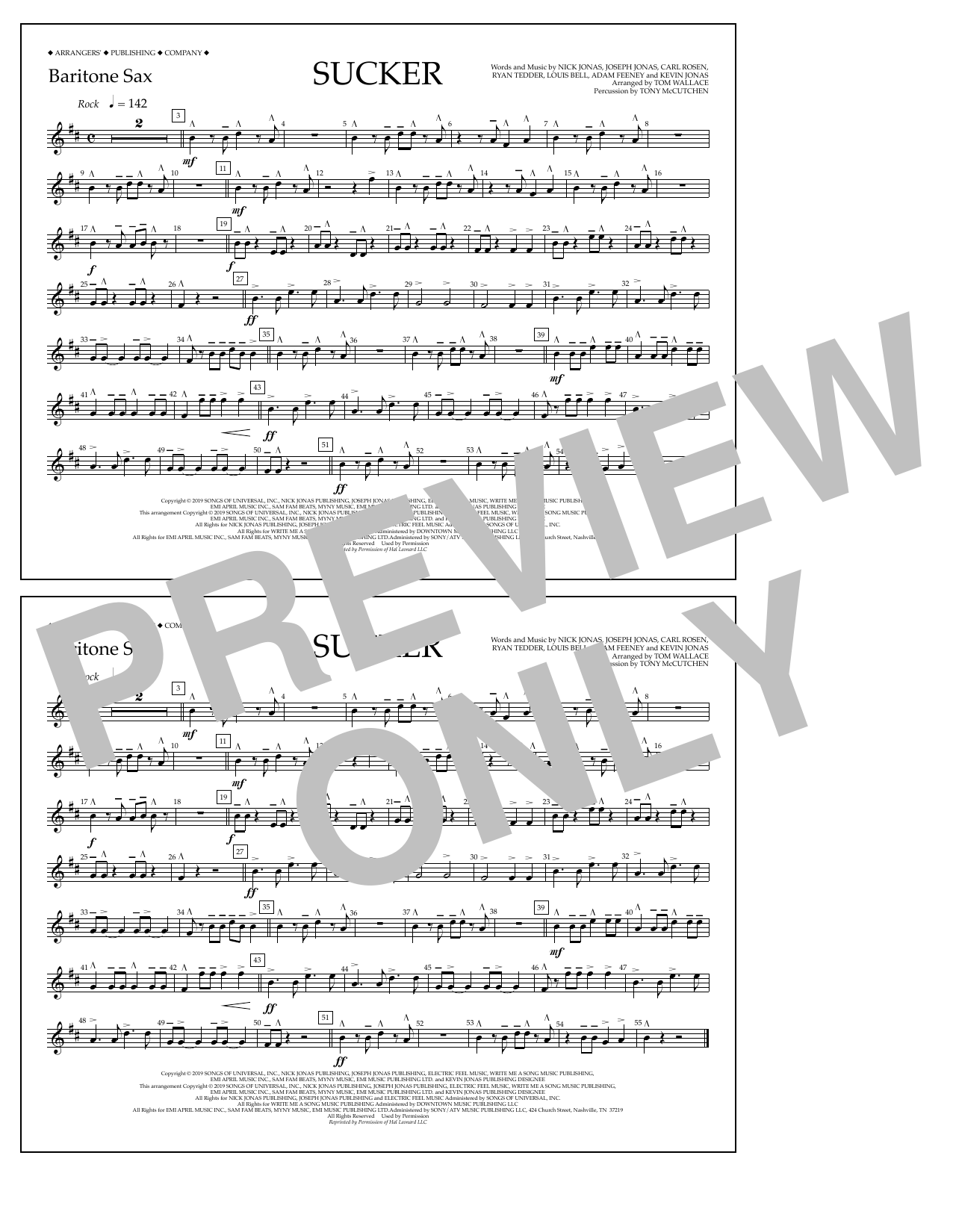 Jonas Brothers Sucker (arr. Tom Wallace) - Baritone Sax Sheet Music Notes & Chords for Marching Band - Download or Print PDF