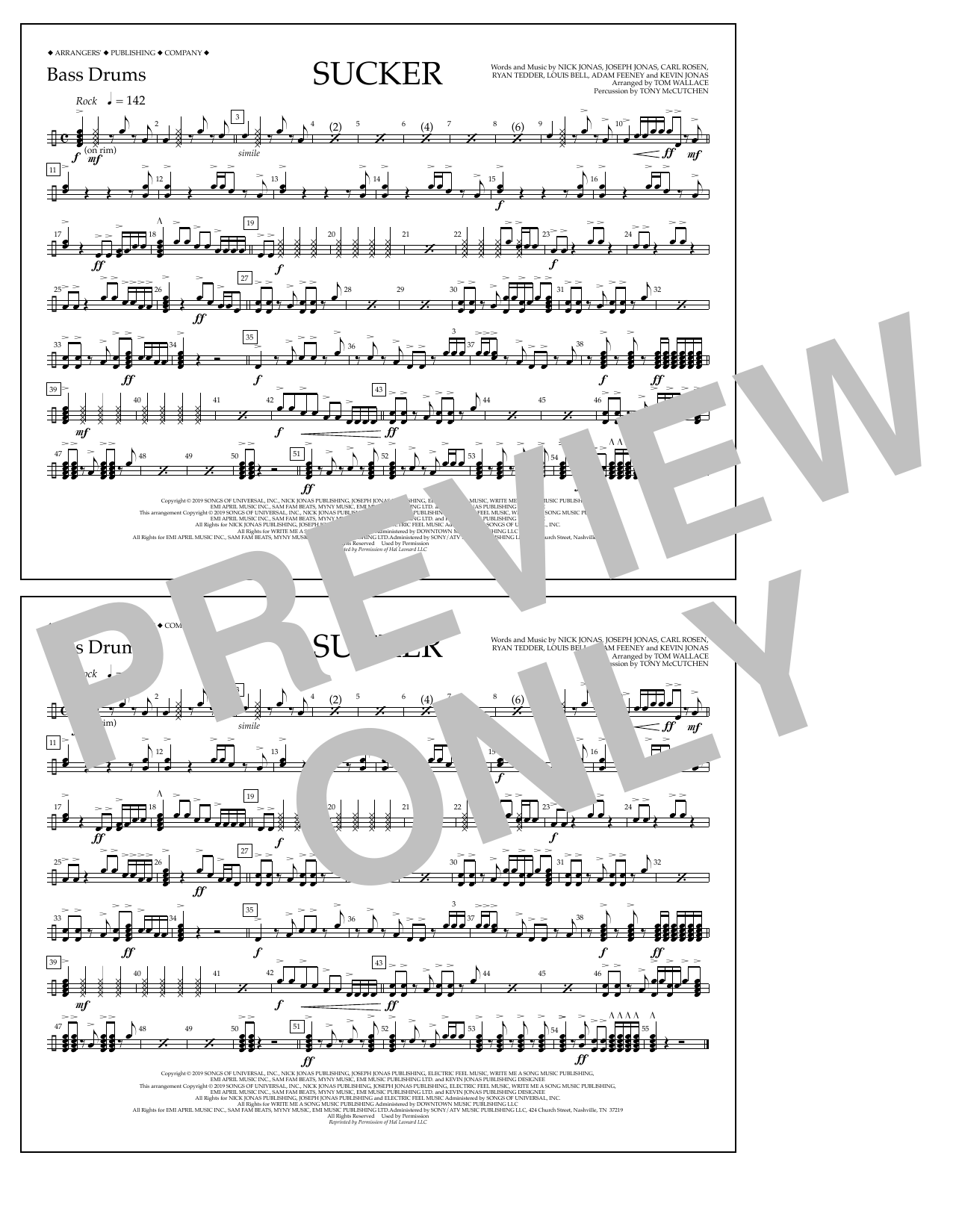Jonas Brothers Sucker (arr. Tom Wallace) - Bass Drums Sheet Music Notes & Chords for Marching Band - Download or Print PDF