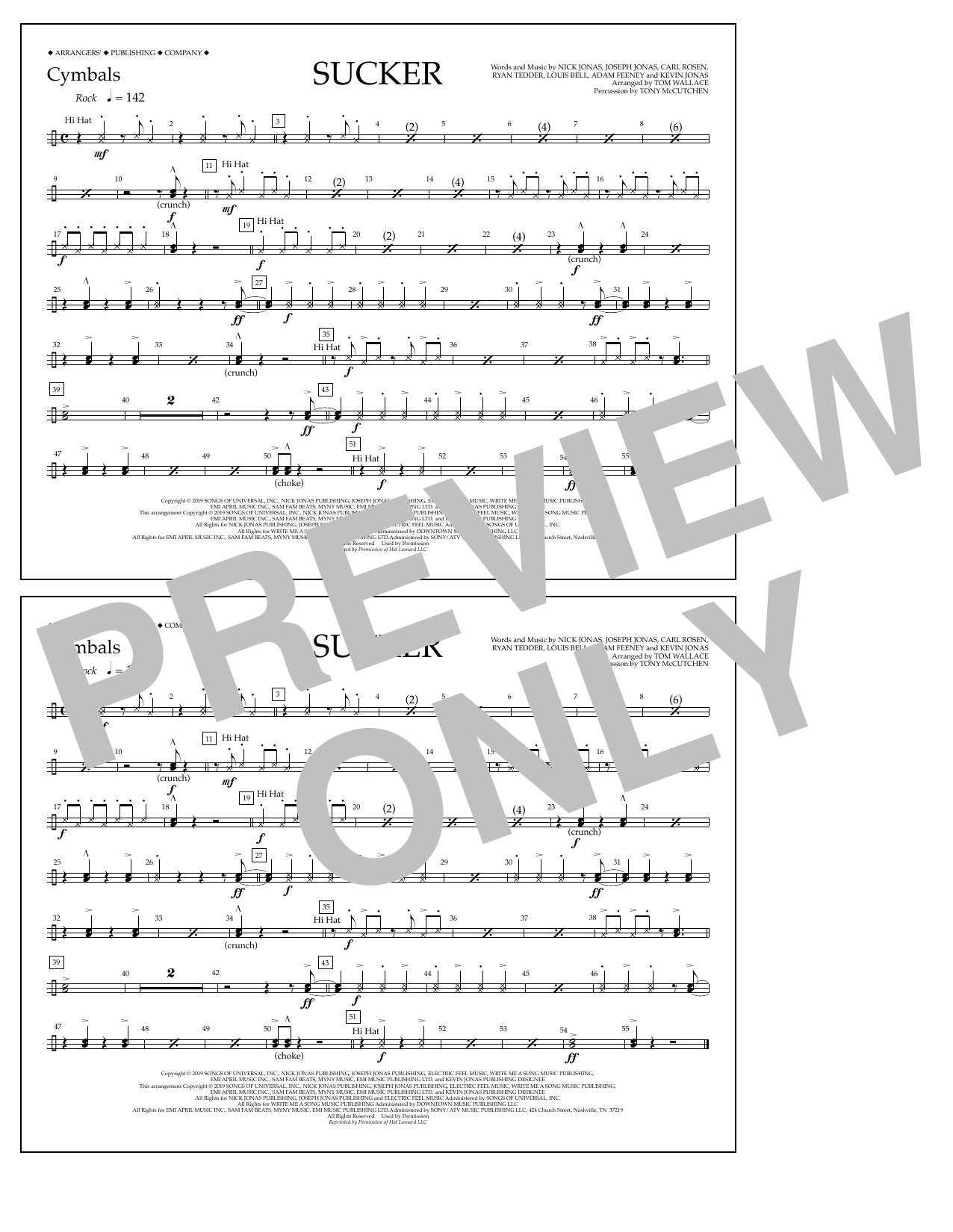 Jonas Brothers Sucker (arr. Tom Wallace) - Cymbals Sheet Music Notes & Chords for Marching Band - Download or Print PDF
