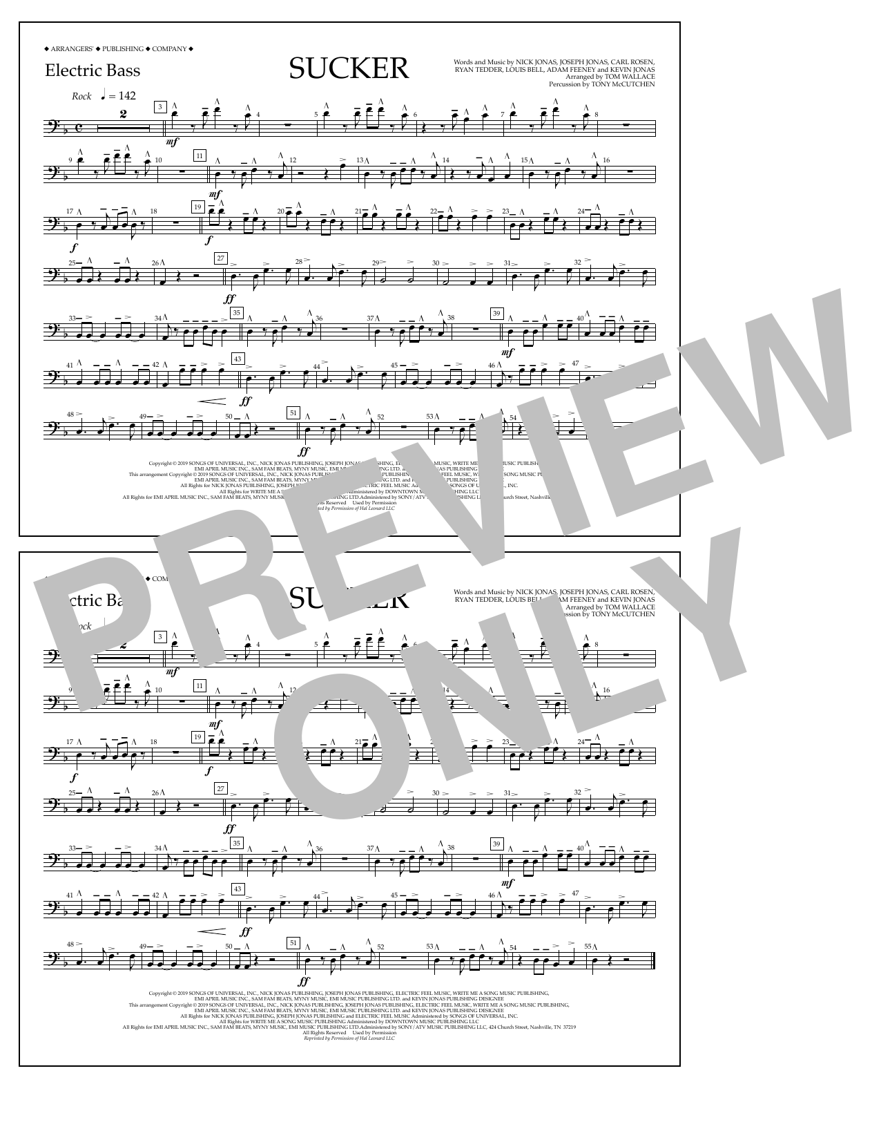 Jonas Brothers Sucker (arr. Tom Wallace) - Electric Bass Sheet Music Notes & Chords for Marching Band - Download or Print PDF