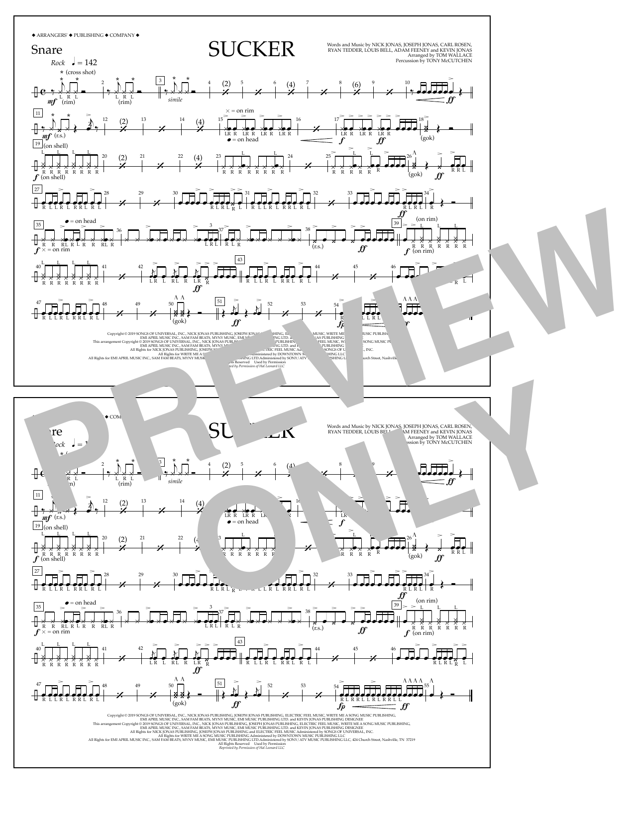 Jonas Brothers Sucker (arr. Tom Wallace) - Snare Sheet Music Notes & Chords for Marching Band - Download or Print PDF