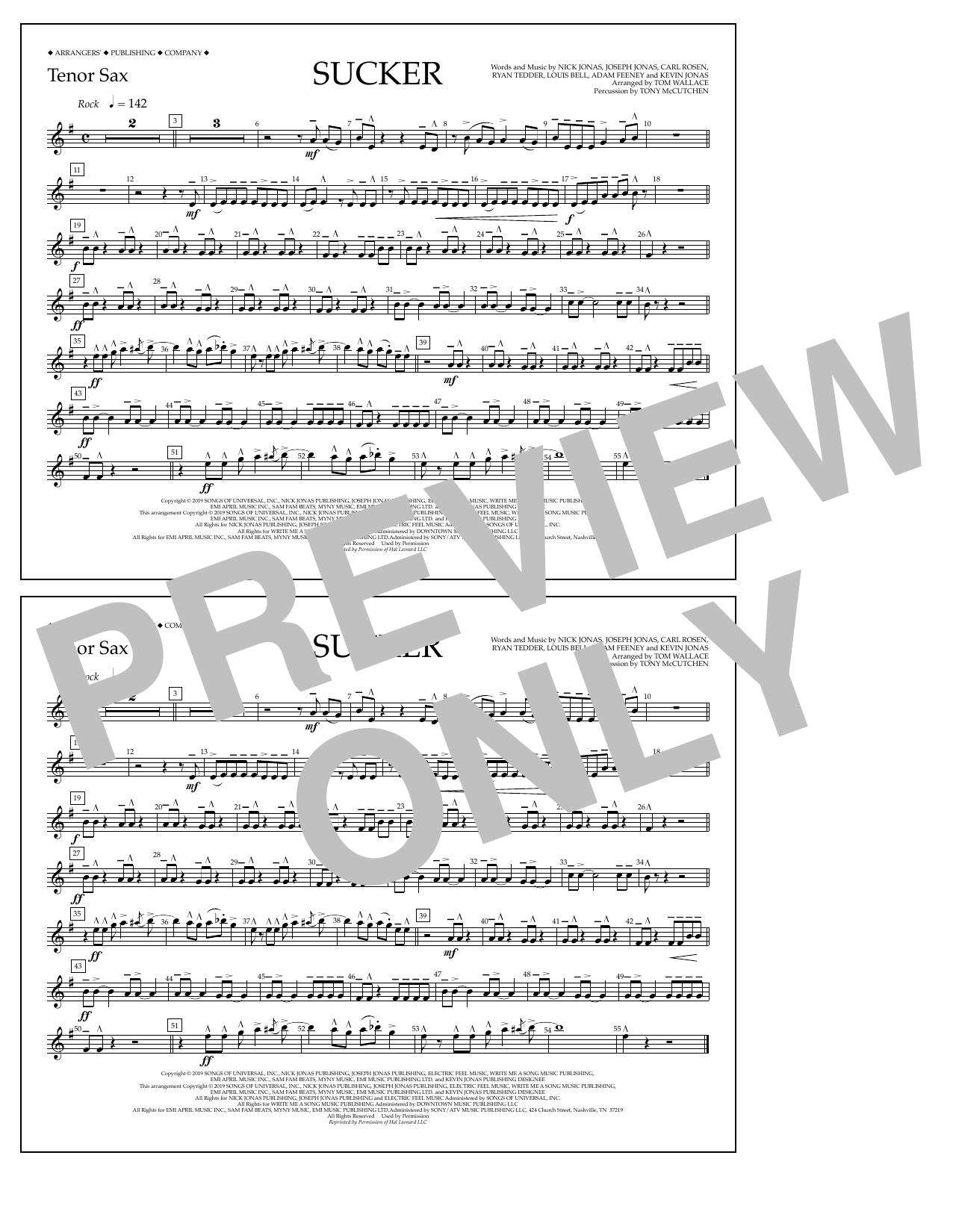 Jonas Brothers Sucker (arr. Tom Wallace) - Tenor Sax Sheet Music Notes & Chords for Marching Band - Download or Print PDF