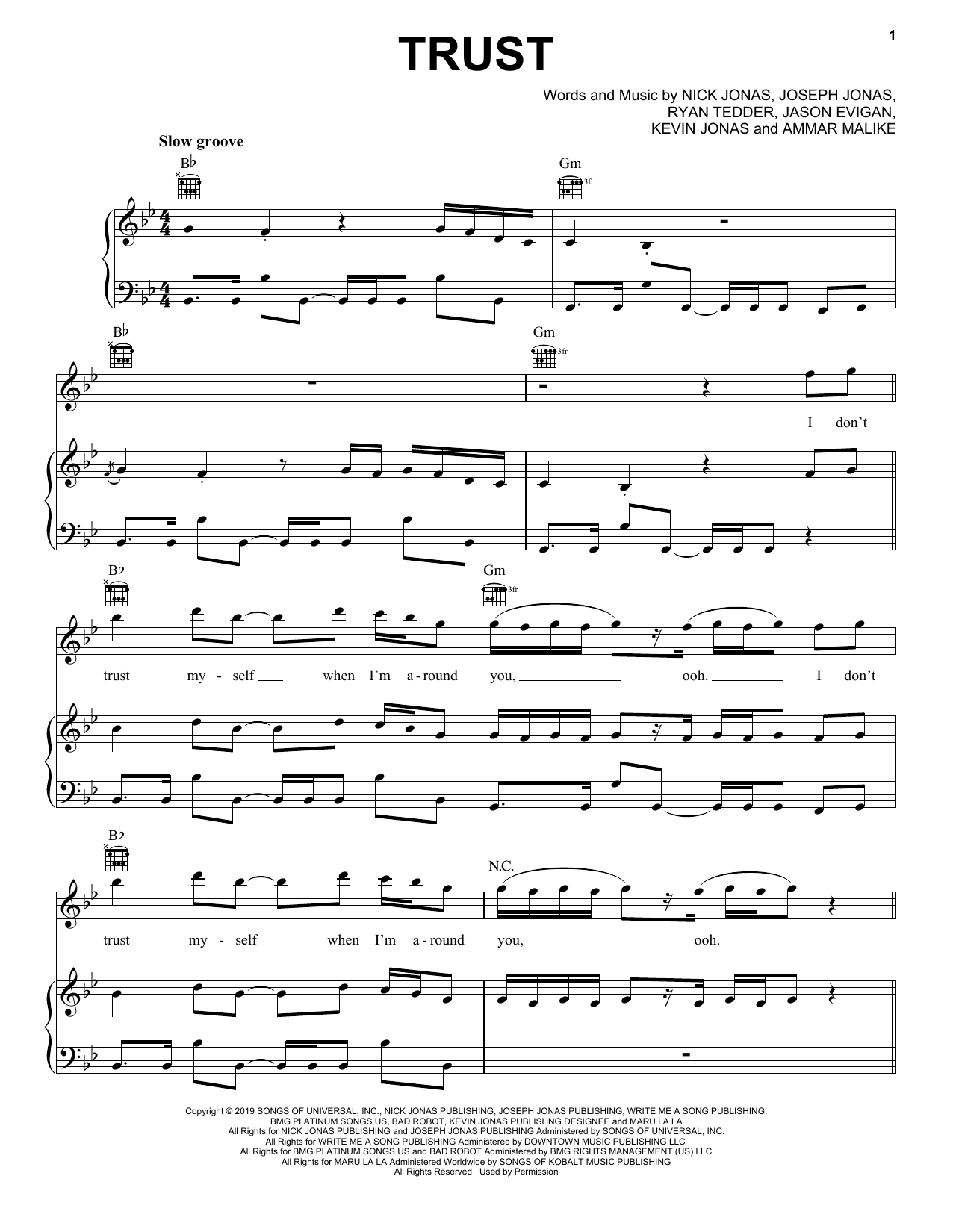 Jonas Brothers Trust Sheet Music Notes & Chords for Piano, Vocal & Guitar (Right-Hand Melody) - Download or Print PDF