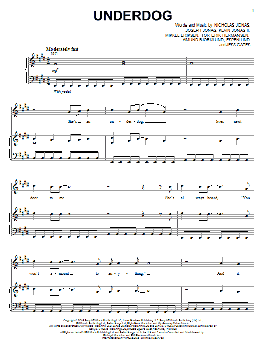 Jonas Brothers Underdog Sheet Music Notes & Chords for Piano, Vocal & Guitar (Right-Hand Melody) - Download or Print PDF