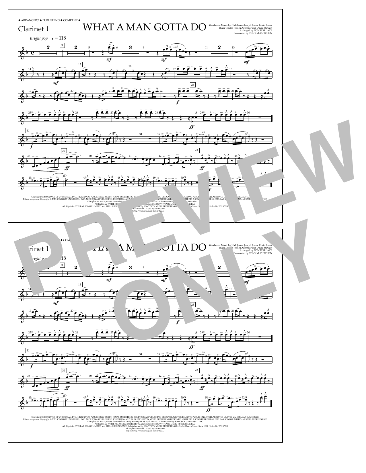 Jonas Brothers What a Man Gotta Do (arr. Tom Wallace) - Clarinet 1 Sheet Music Notes & Chords for Marching Band - Download or Print PDF