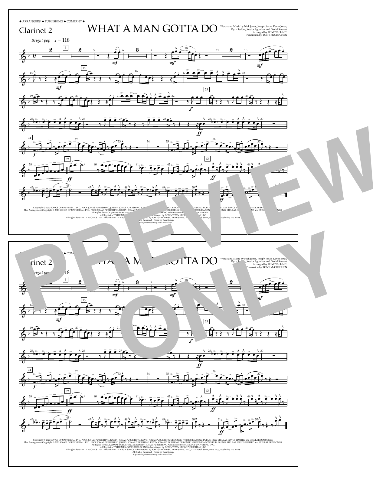 Jonas Brothers What a Man Gotta Do (arr. Tom Wallace) - Clarinet 2 Sheet Music Notes & Chords for Marching Band - Download or Print PDF