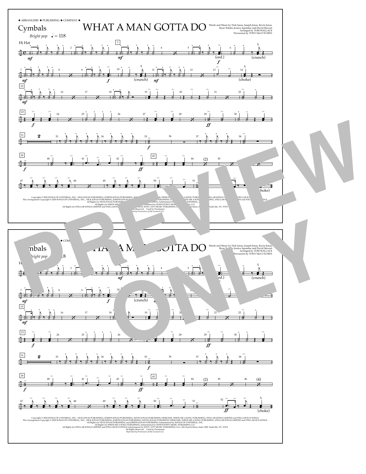 Jonas Brothers What a Man Gotta Do (arr. Tom Wallace) - Cymbals Sheet Music Notes & Chords for Marching Band - Download or Print PDF