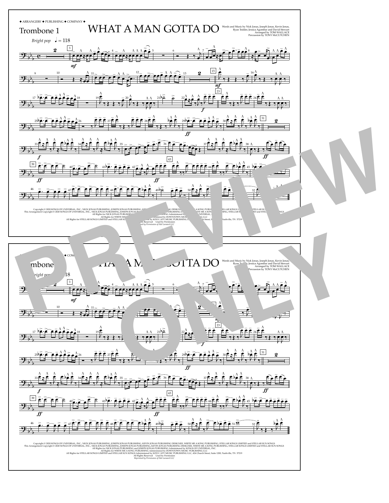 Jonas Brothers What a Man Gotta Do (arr. Tom Wallace) - Trombone 1 Sheet Music Notes & Chords for Marching Band - Download or Print PDF