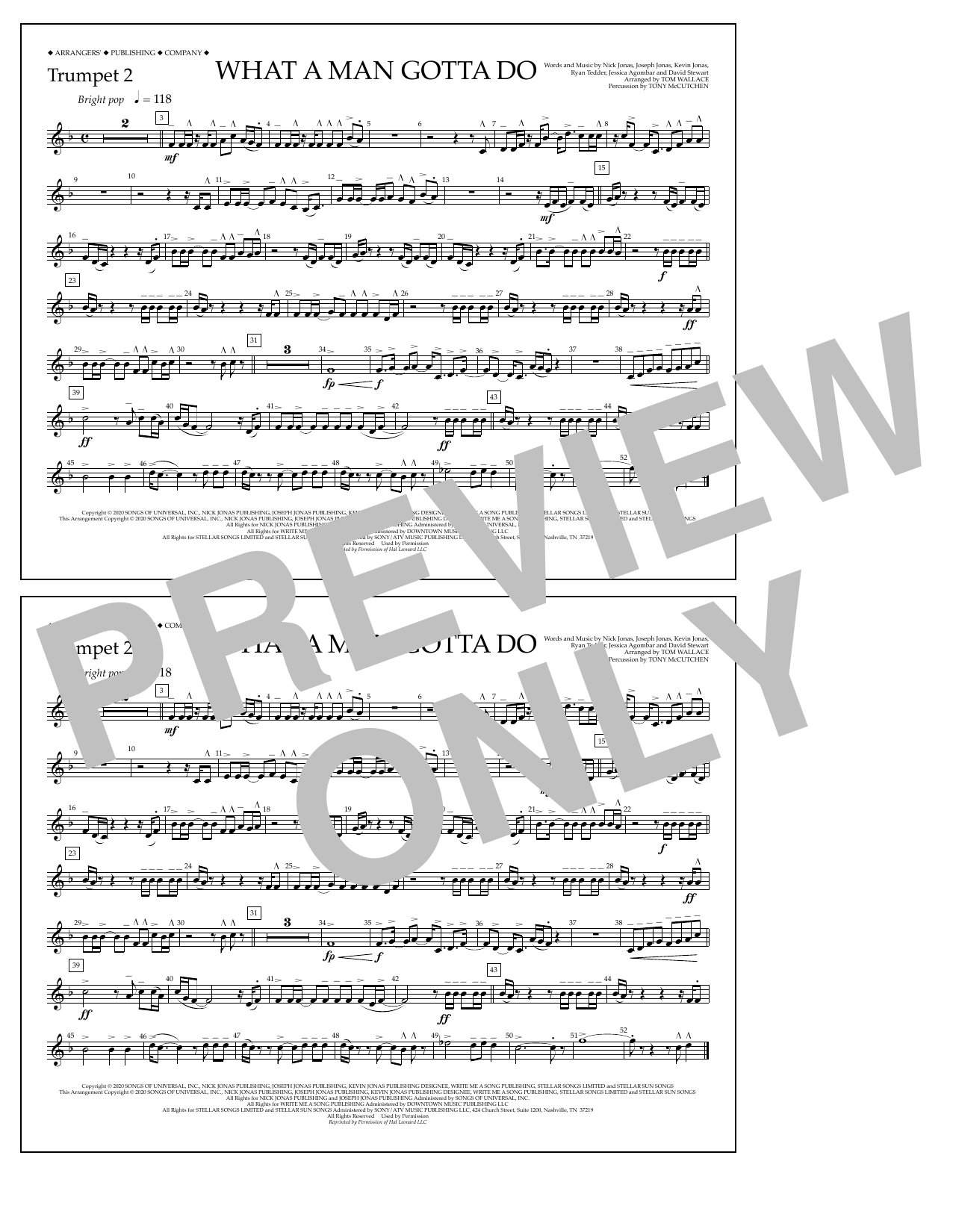 Jonas Brothers What a Man Gotta Do (arr. Tom Wallace) - Trumpet 2 Sheet Music Notes & Chords for Marching Band - Download or Print PDF