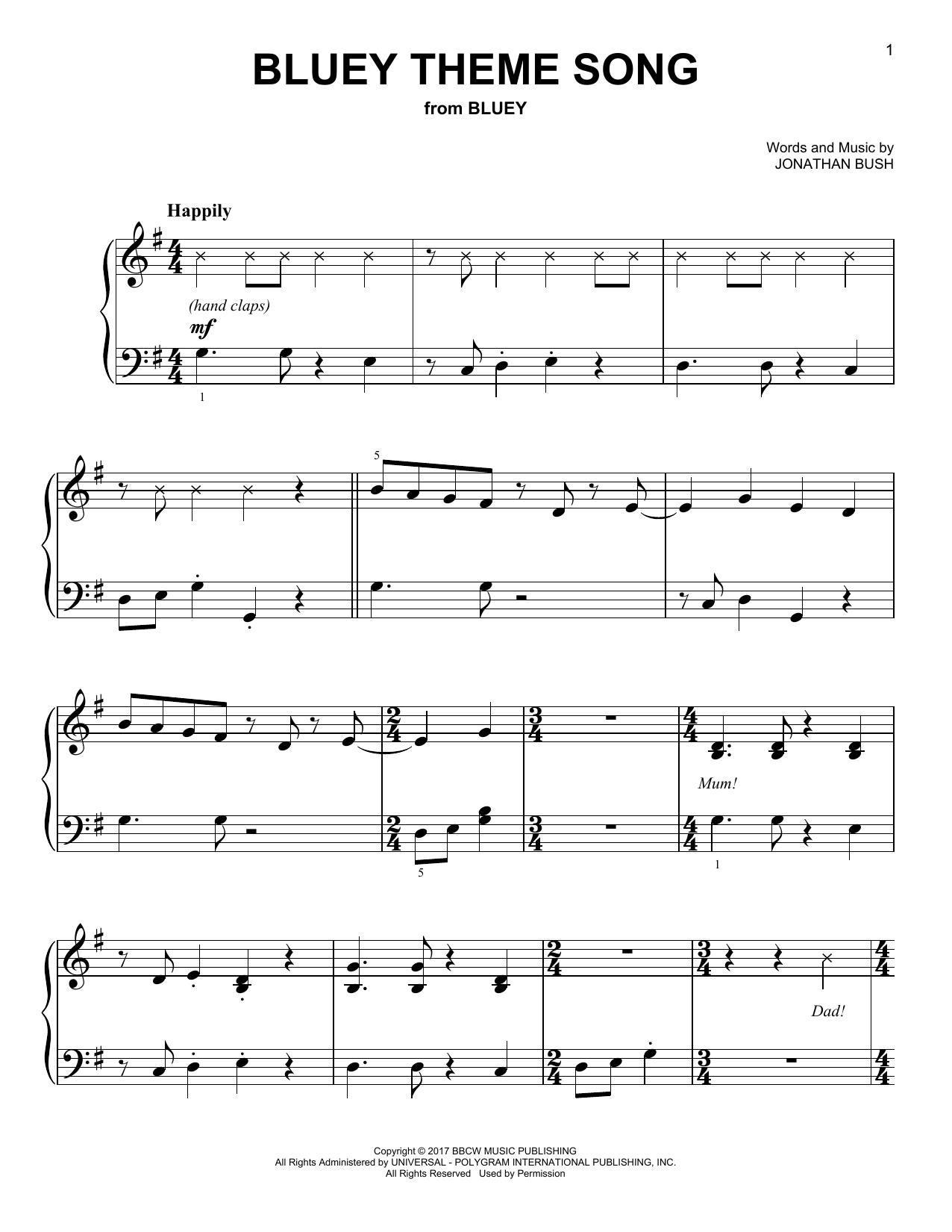 Jonathan Bush Bluey Theme Song Sheet Music Notes & Chords for Easy Piano - Download or Print PDF