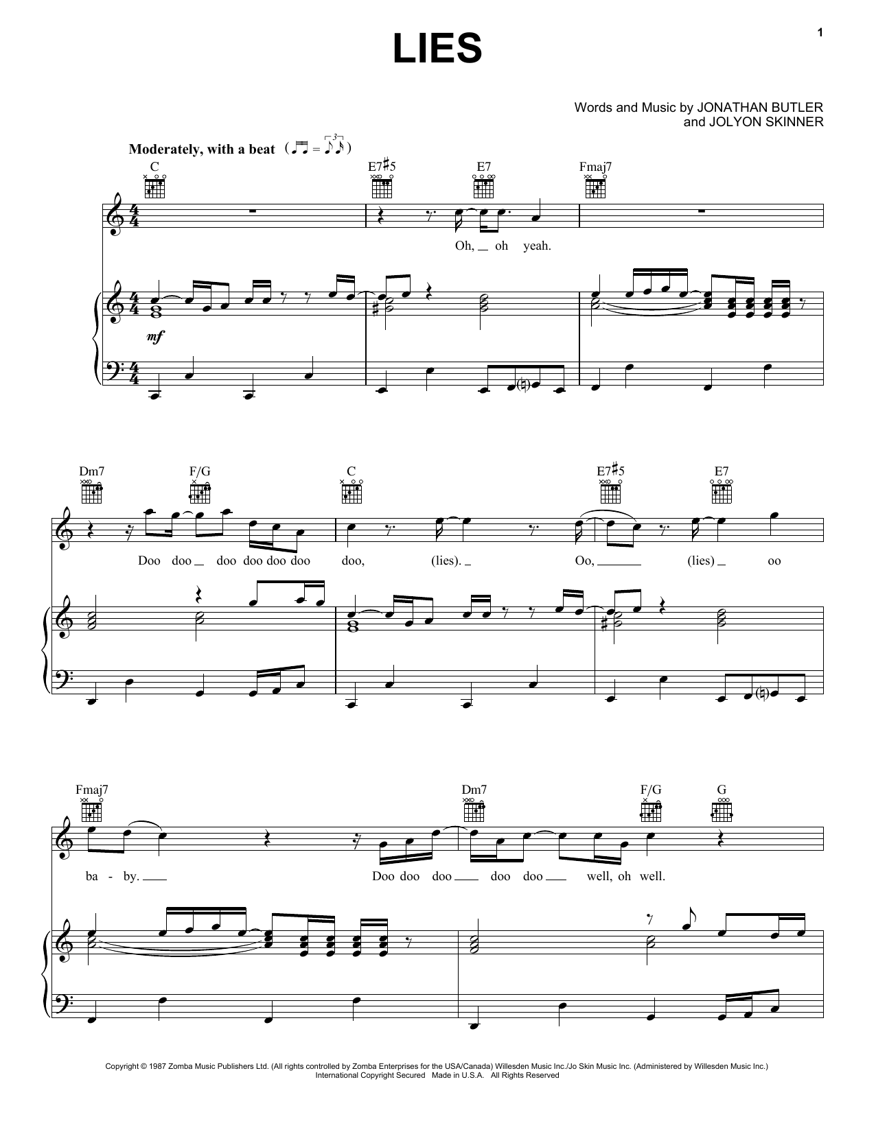Jonathan Butler Lies Sheet Music Notes & Chords for Piano, Vocal & Guitar Chords (Right-Hand Melody) - Download or Print PDF