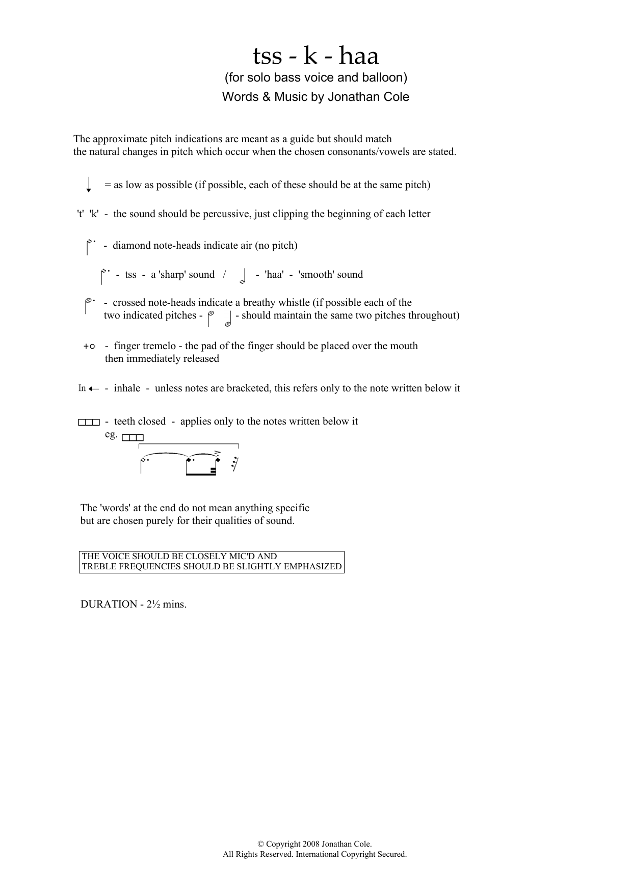 Jonathan Cole tss-k-haa (for baritone and balloon) Sheet Music Notes & Chords for Piano & Vocal - Download or Print PDF