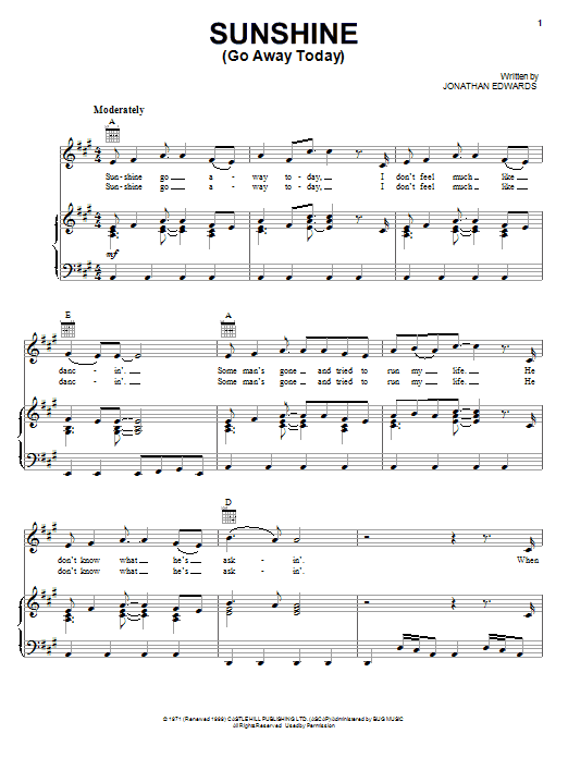 Jonathan Edwards Sunshine (Go Away Today) Sheet Music Notes & Chords for Piano, Vocal & Guitar (Right-Hand Melody) - Download or Print PDF