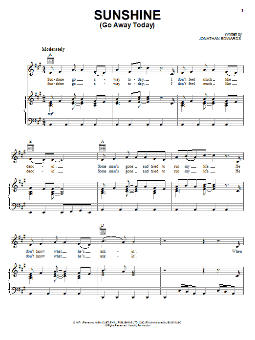 Jonathan Edwards Sunshine (Go Away Today) Sheet Music Notes & Chords for Easy Guitar Tab - Download or Print PDF