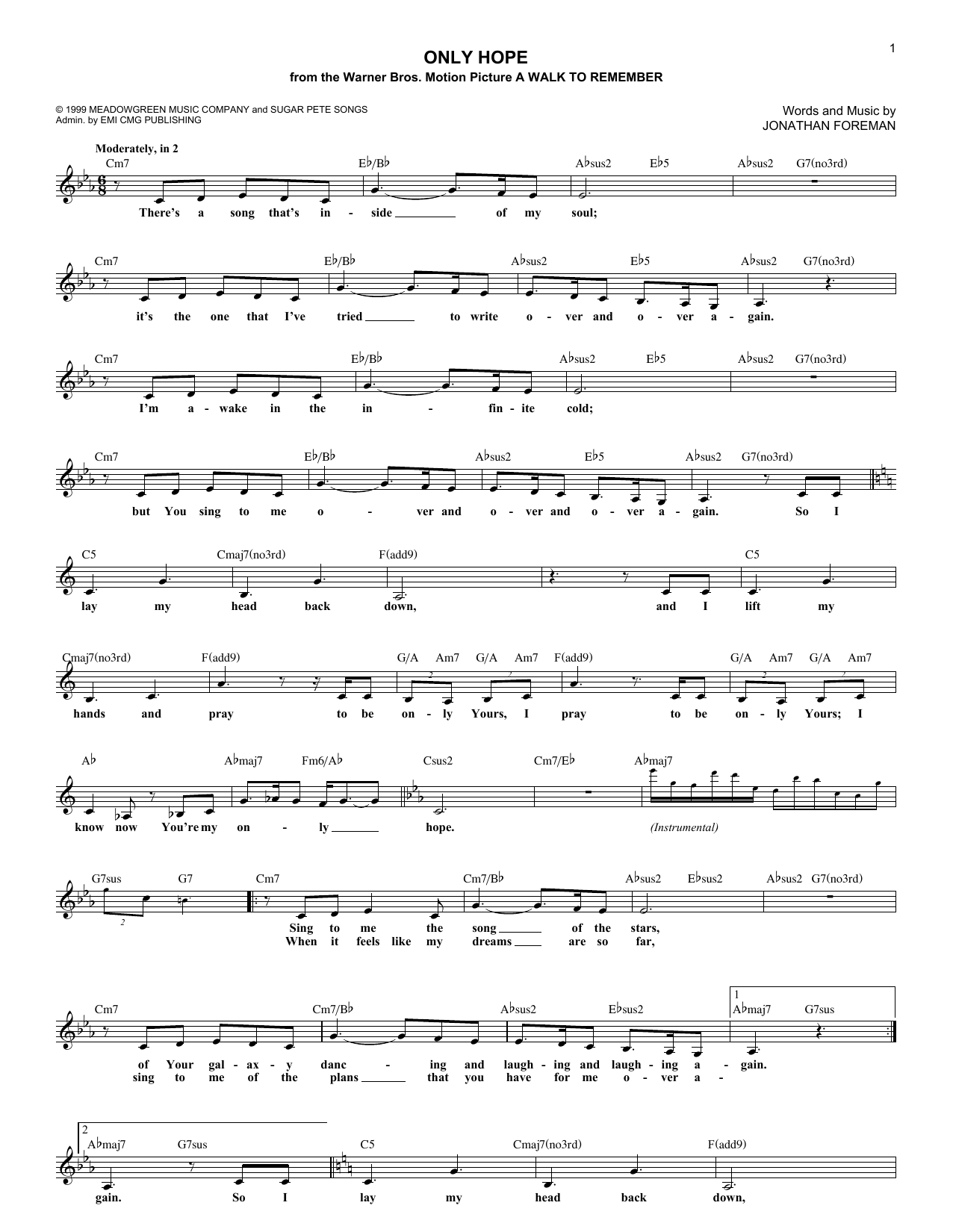 Jonathan Foreman Only Hope Sheet Music Notes & Chords for Melody Line, Lyrics & Chords - Download or Print PDF