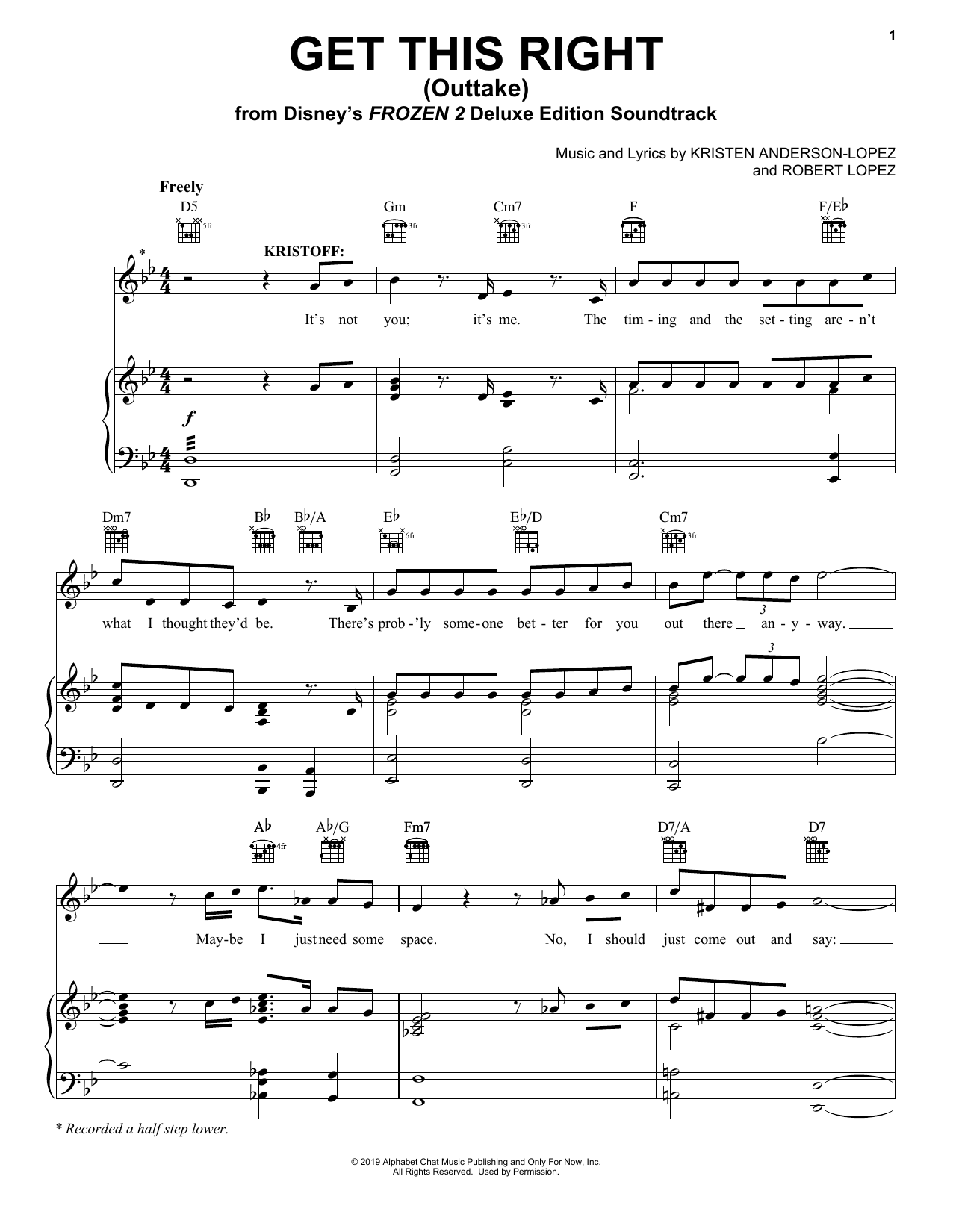 Jonathan Groff & Kristen Bell Get This Right - Outtake (from Disney's Frozen 2) Sheet Music Notes & Chords for Piano, Vocal & Guitar (Right-Hand Melody) - Download or Print PDF