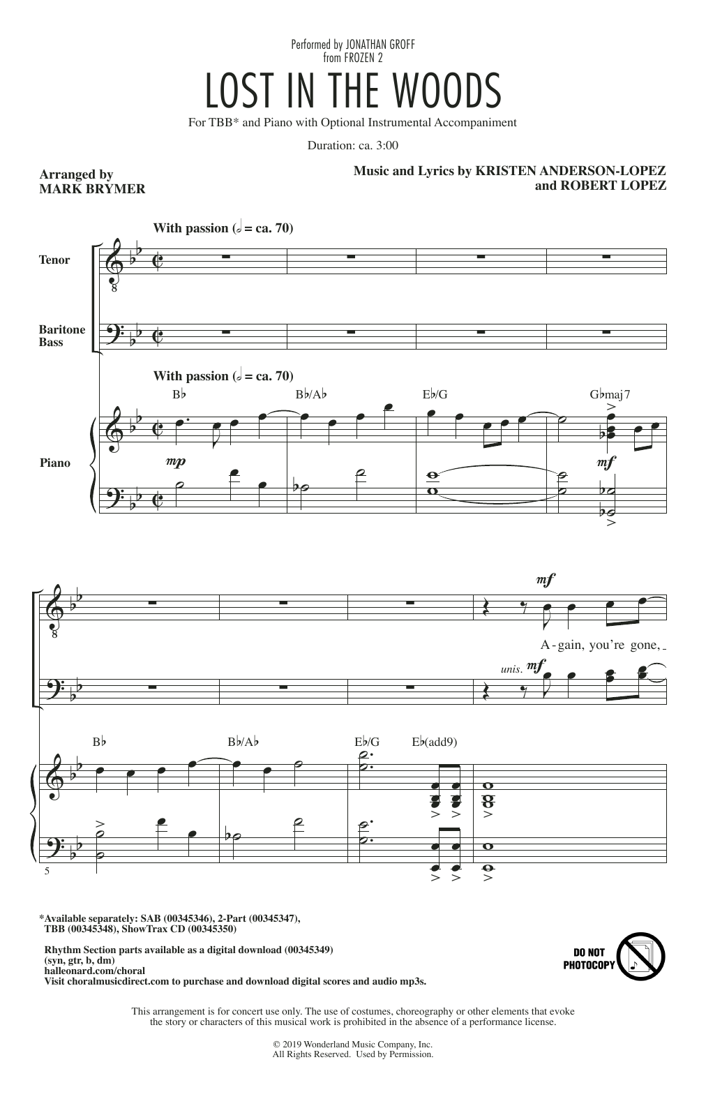Jonathan Groff Lost In The Woods (from Disney's Frozen 2) (arr. Mark Brymer) Sheet Music Notes & Chords for SAB Choir - Download or Print PDF