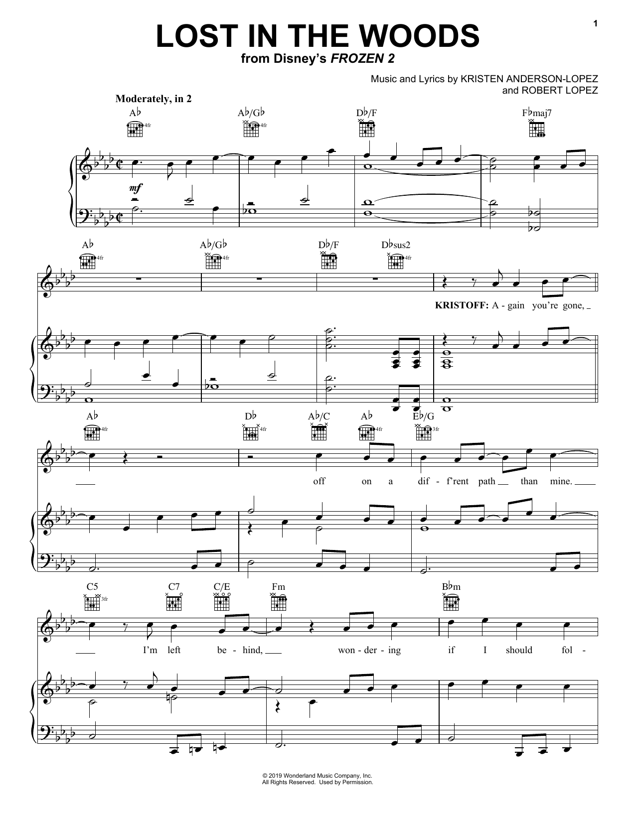 Jonathan Groff Lost In The Woods (from Disney's Frozen 2) Sheet Music Notes & Chords for Very Easy Piano - Download or Print PDF