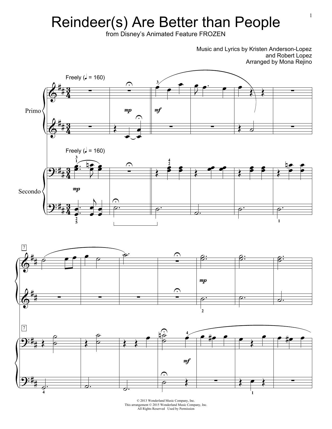 Jonathan Groff Reindeer(s) Are Better Than People (from Disney's Frozen) (arr. Mona Rejino) Sheet Music Notes & Chords for Piano Duet - Download or Print PDF